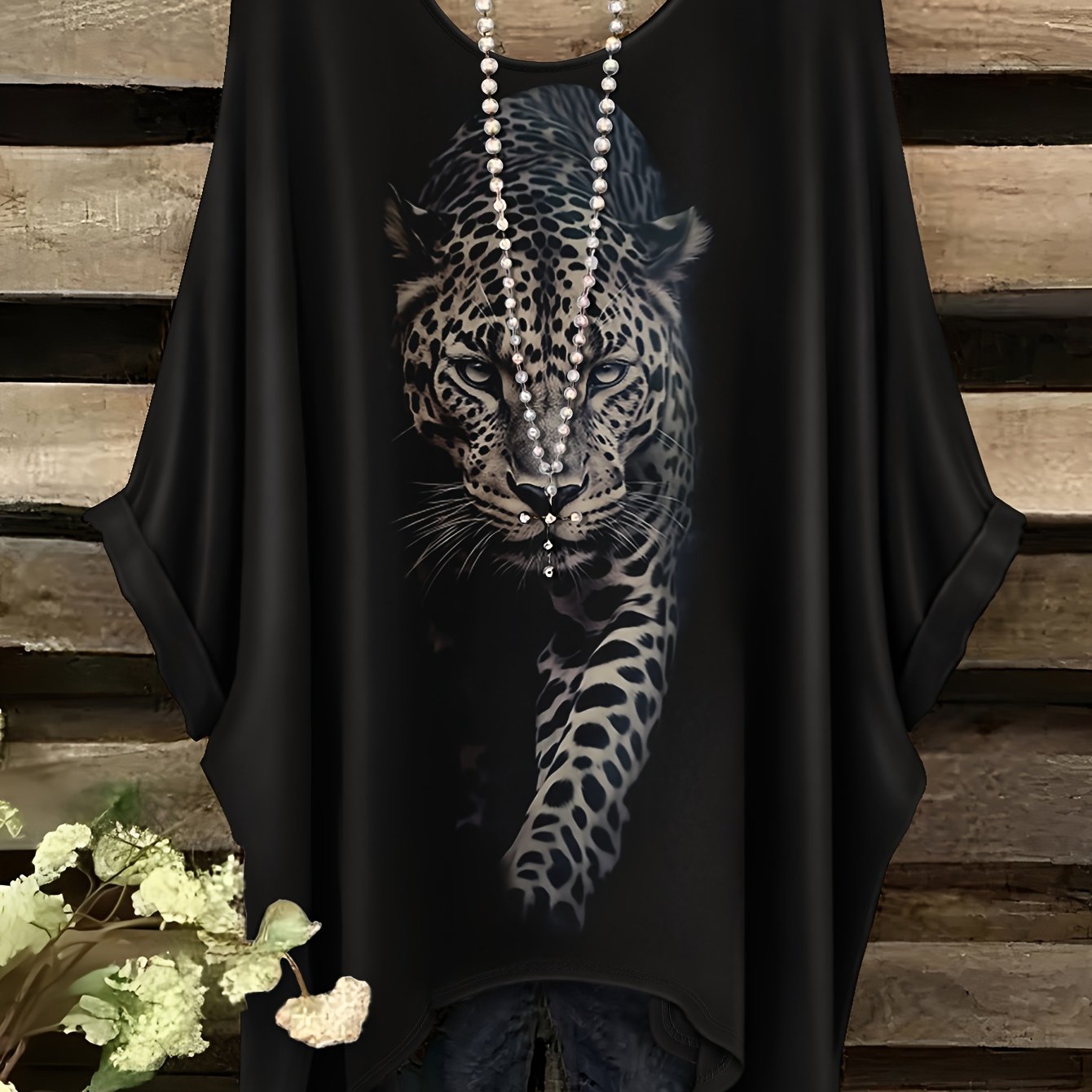 Plus Size, Women's Plus Size Leopard Print T-shirt - Elegant Loose Fit Round Neck Short Sleeve Top, Breathable Machine-washable Casual Shirt For (black), Ladies T Shirts, Durable Fabric