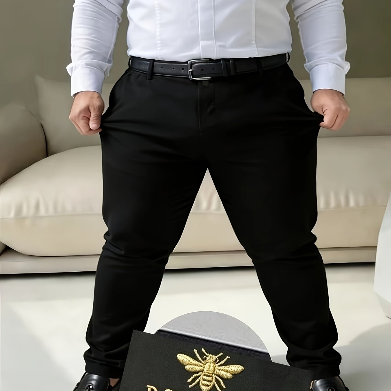 TEMU New Plus Size Men's Dress Trousers, Exquisite Bee Pattern Embroidery, 1xl-8xl Plus Sizes , Black Versatile , Of Pants, Essentials