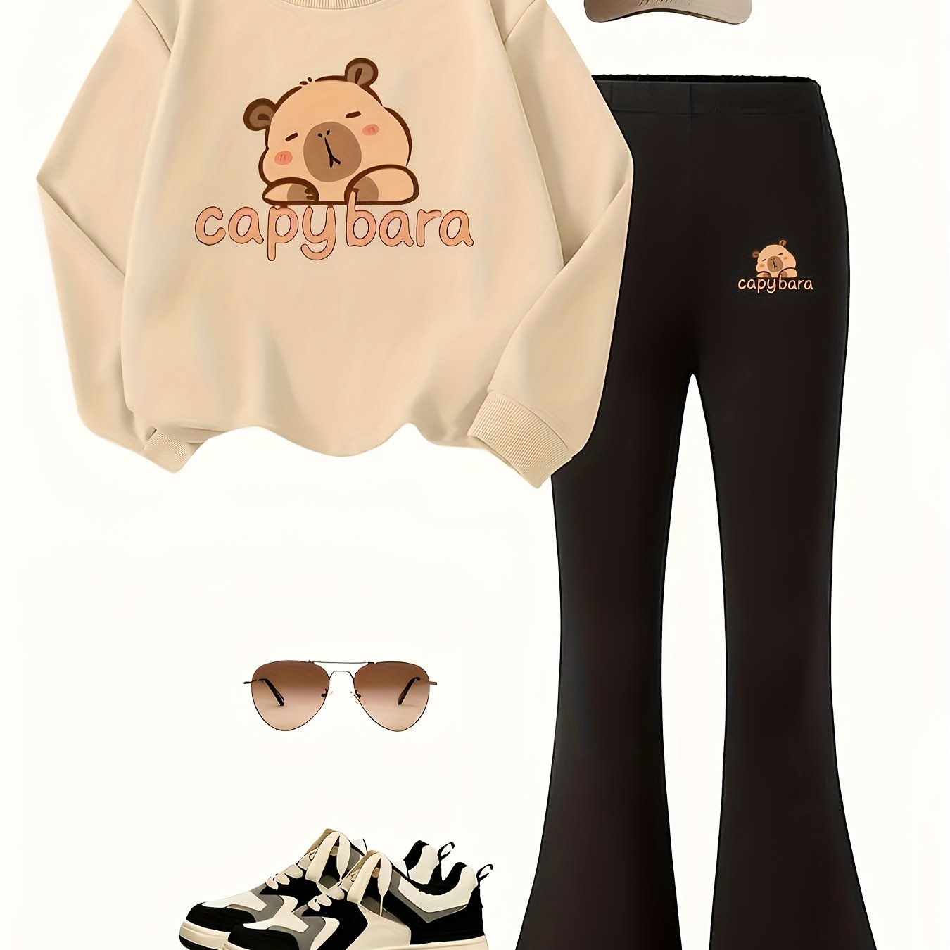 E-shop 2-teiliges Mädchen-Capybara-Outfit-Set – Süßer Capybara-Gesichtsdruck-Pullover & Schlaghose, Weiche Winterkleidung für Spieltreffen &