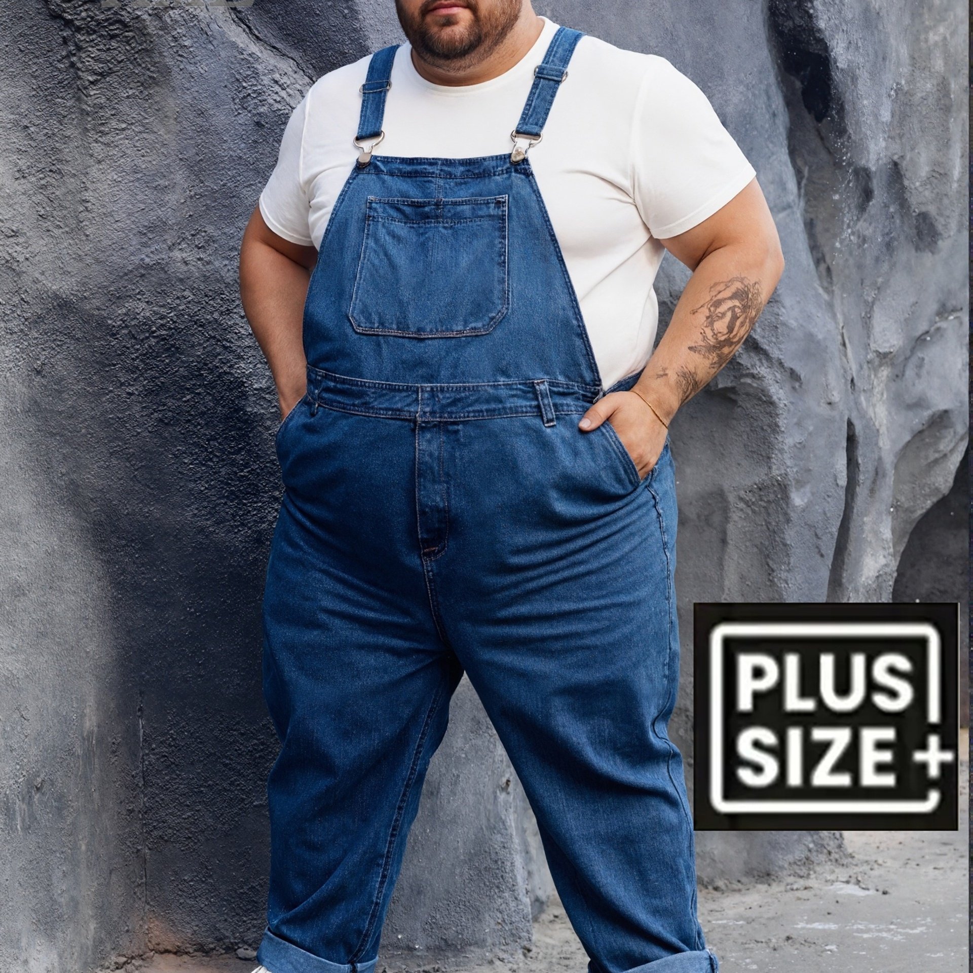 Image of Hme - Plus-size Men's Casual Overalls, Multi- Pants, Trousers, Trendy Streetwear, Work Pants, Everyday Outing, Men's Denim Jumpsuit, Plus Size