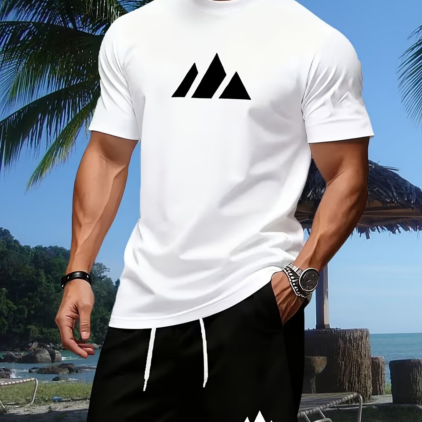 TEMU Men's Casual Sports Set | 2026 Trendy Short-sleeved T-shirt And Shorts With Geometric Print | Crew Neck, Slight Stretch Fabric, Summer And Daily