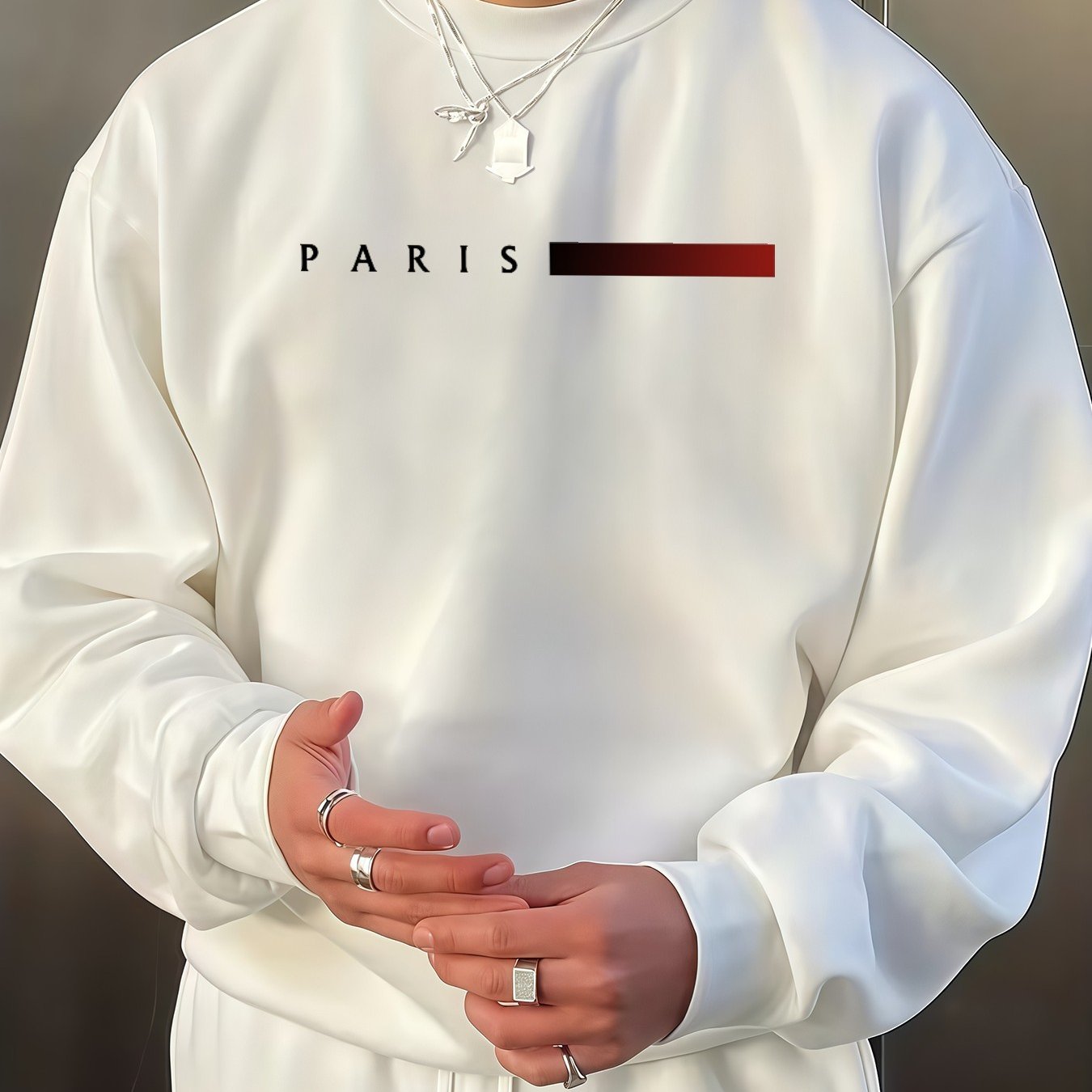 Image of Polish - Men' Crewneck Sweatshirt With Paris , Casual Streetwear In Oversized Fit, Soft Fabric Perfect For Autumn And Winter