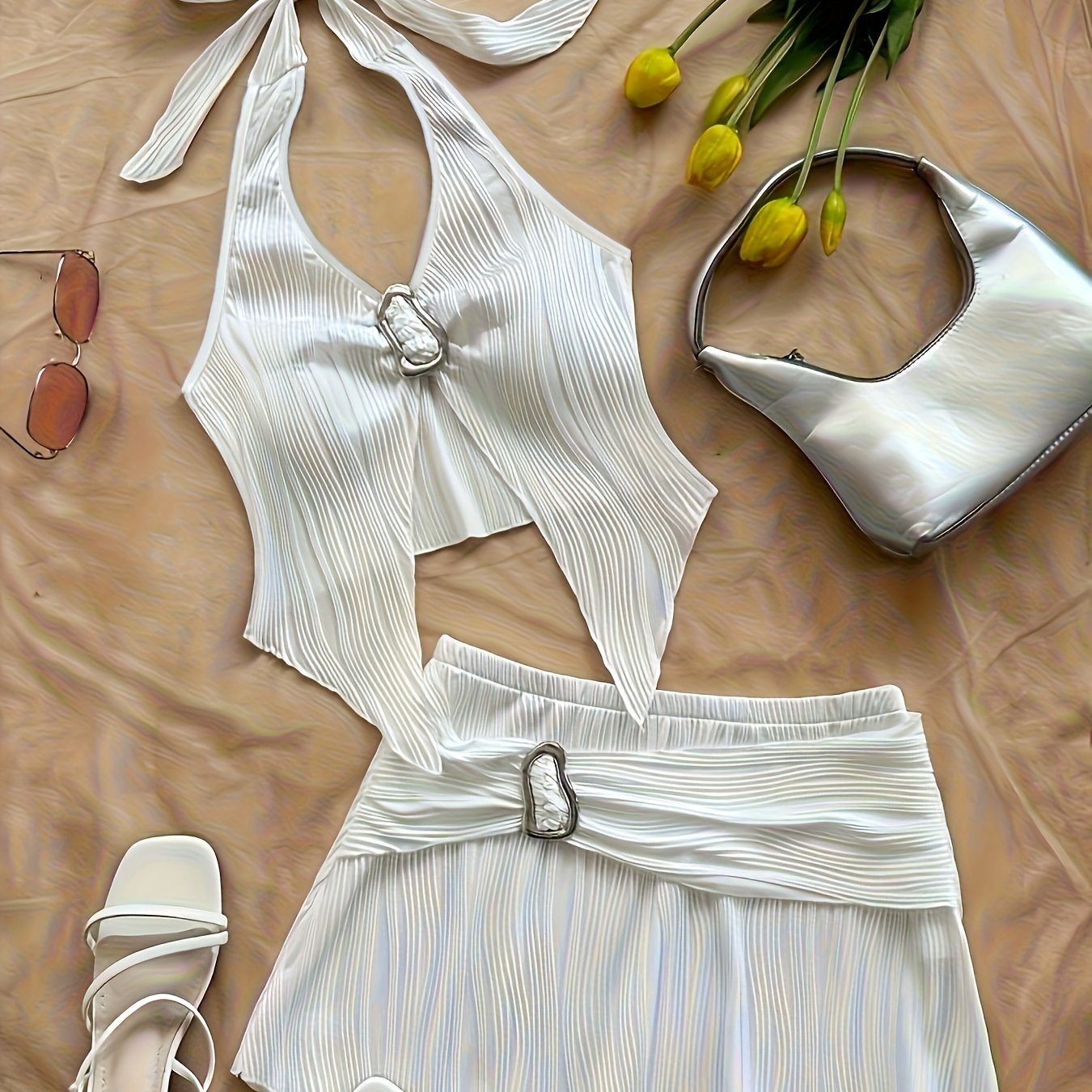 TEMU Elegant Women's Summer New Solid Texture Fabric V-neck Cami Top And Elegant Half Skirt Set 2pcs