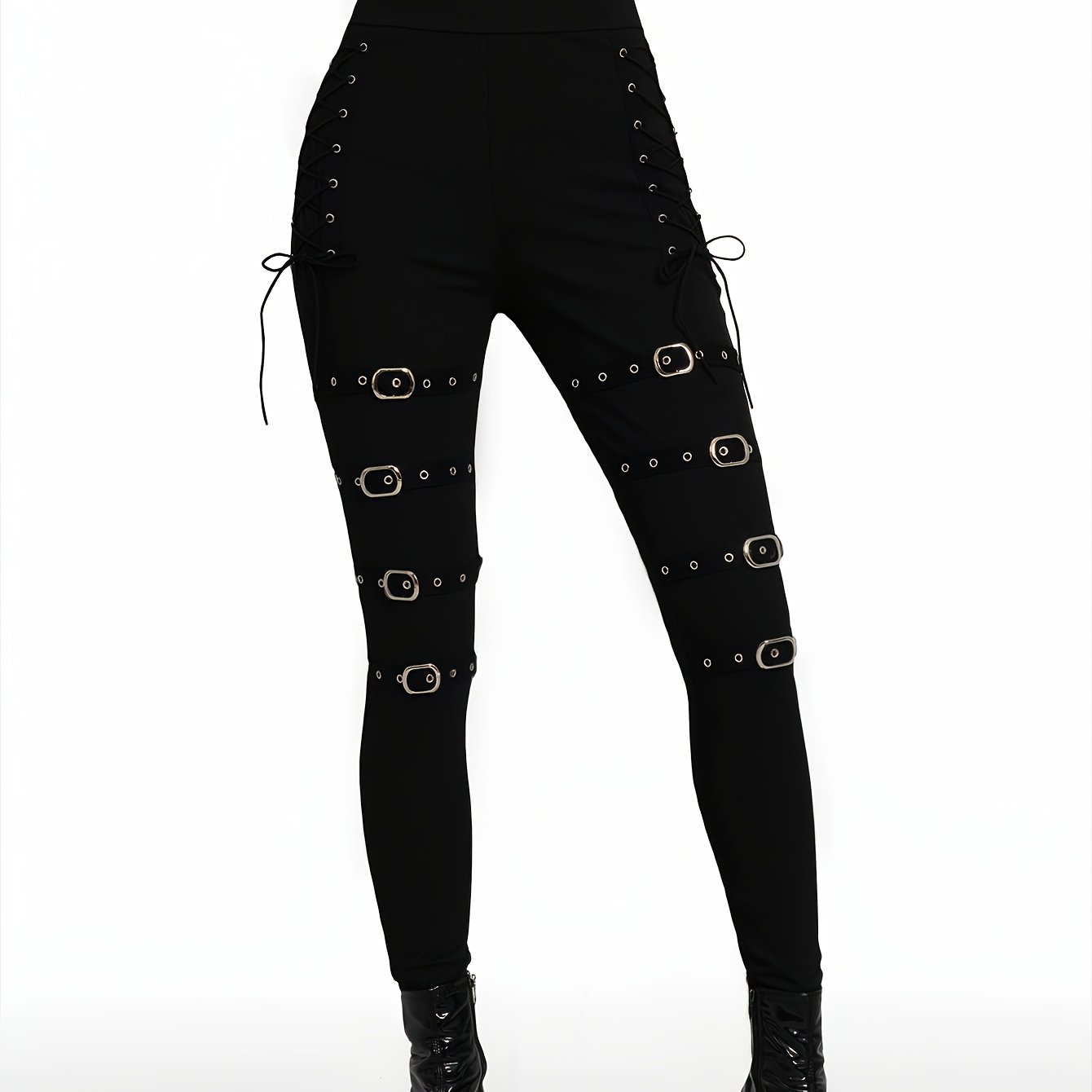 TEMU Collants Gothiques à Couleur Unie avec Décoration de Boucle Métallique, Design à Lacets Croisés et Sangle Œil de Poule pour Pantalons Femme