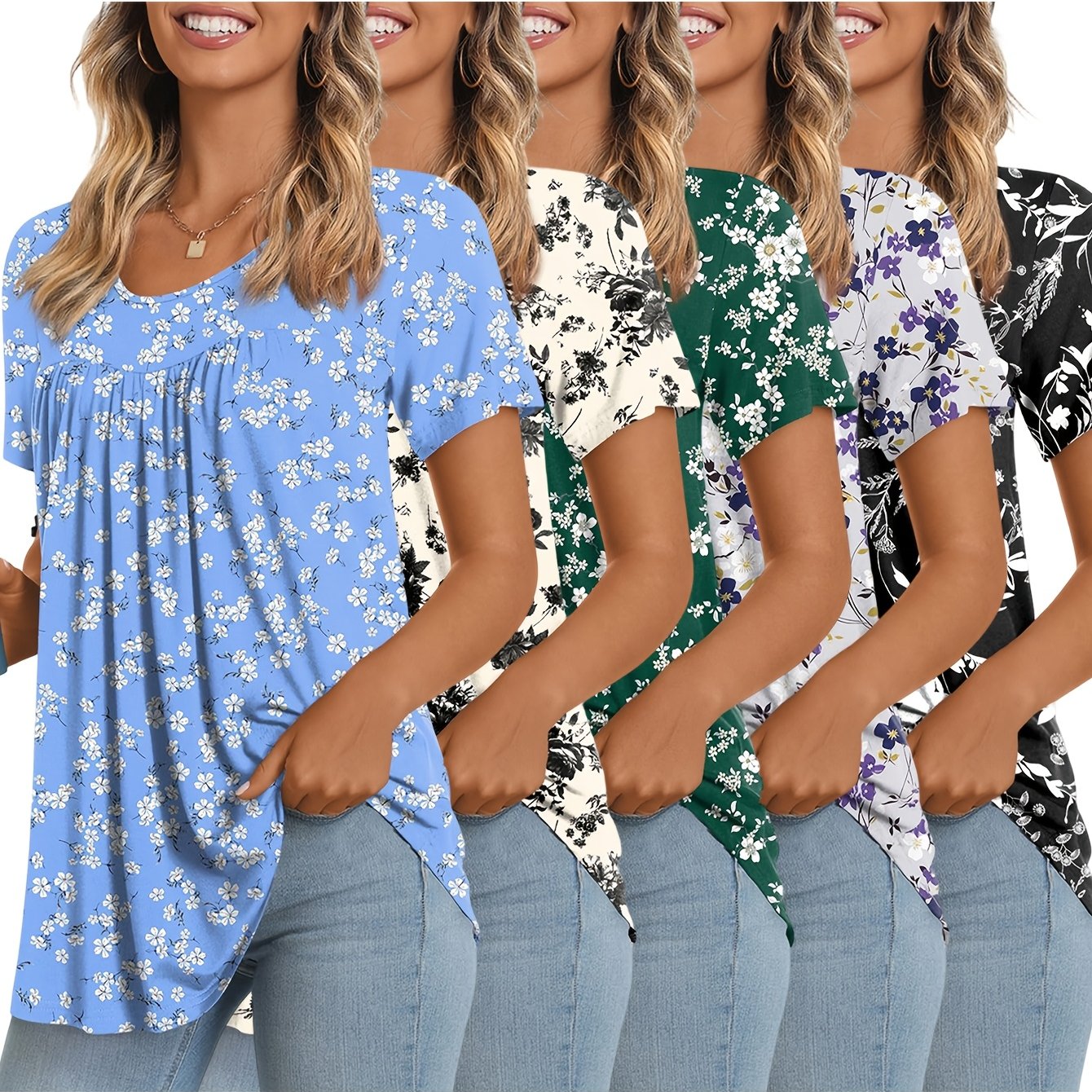 TEMU 5pcs Set Women's Comfortable Casual Loose Fit Shirt With Round Neck, Pleated Short Sleeves, And T-shirt Style