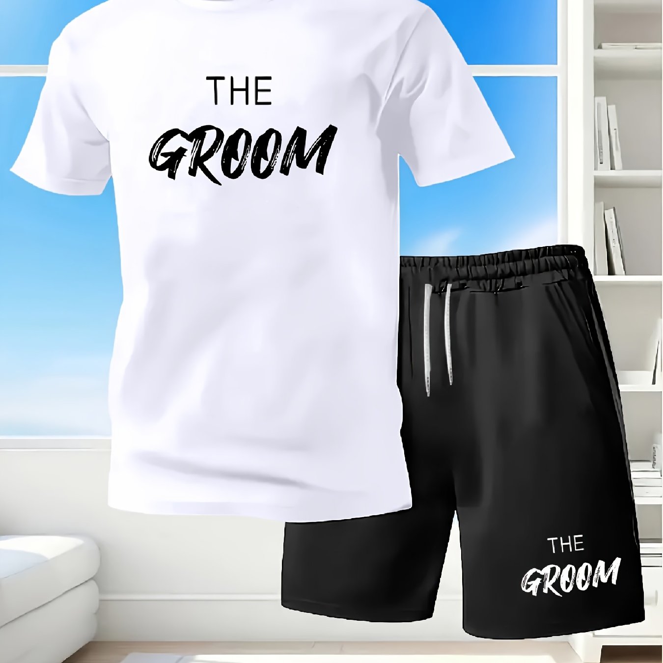 TEMU Men's Casual 2pcs Wedding Theme 'the Groom Handwritten Slogan' White And Black Minimalist + Loose Drawstring Shorts Summer Light Ceremony Daily
