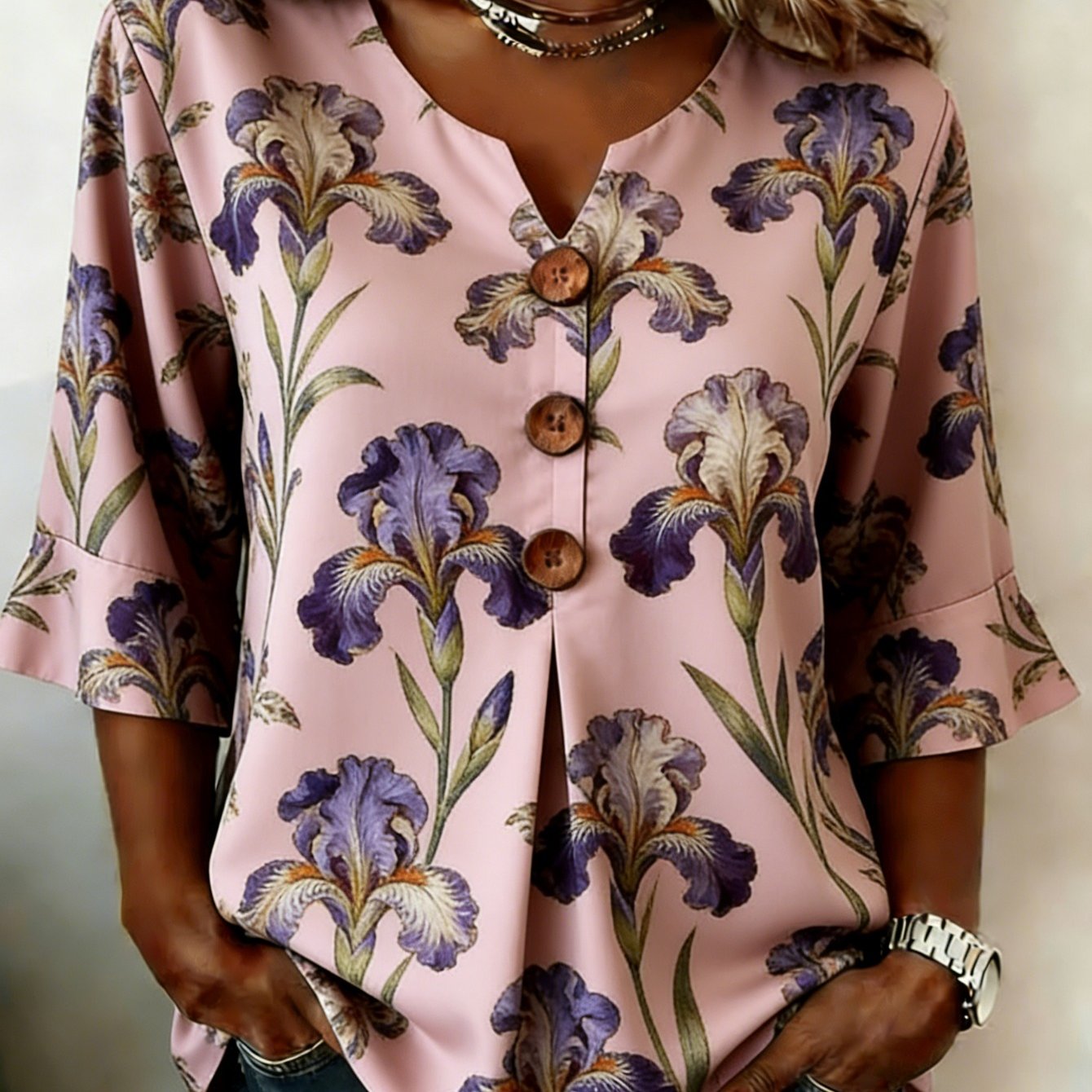 Plus Size, Large Size Women's V-neck Button Style - Pink Flower Iris Printed Casual Top, Suitable For Spring And Summer Travel And Daily Wear, Is The Gift For Mothers And Sisters