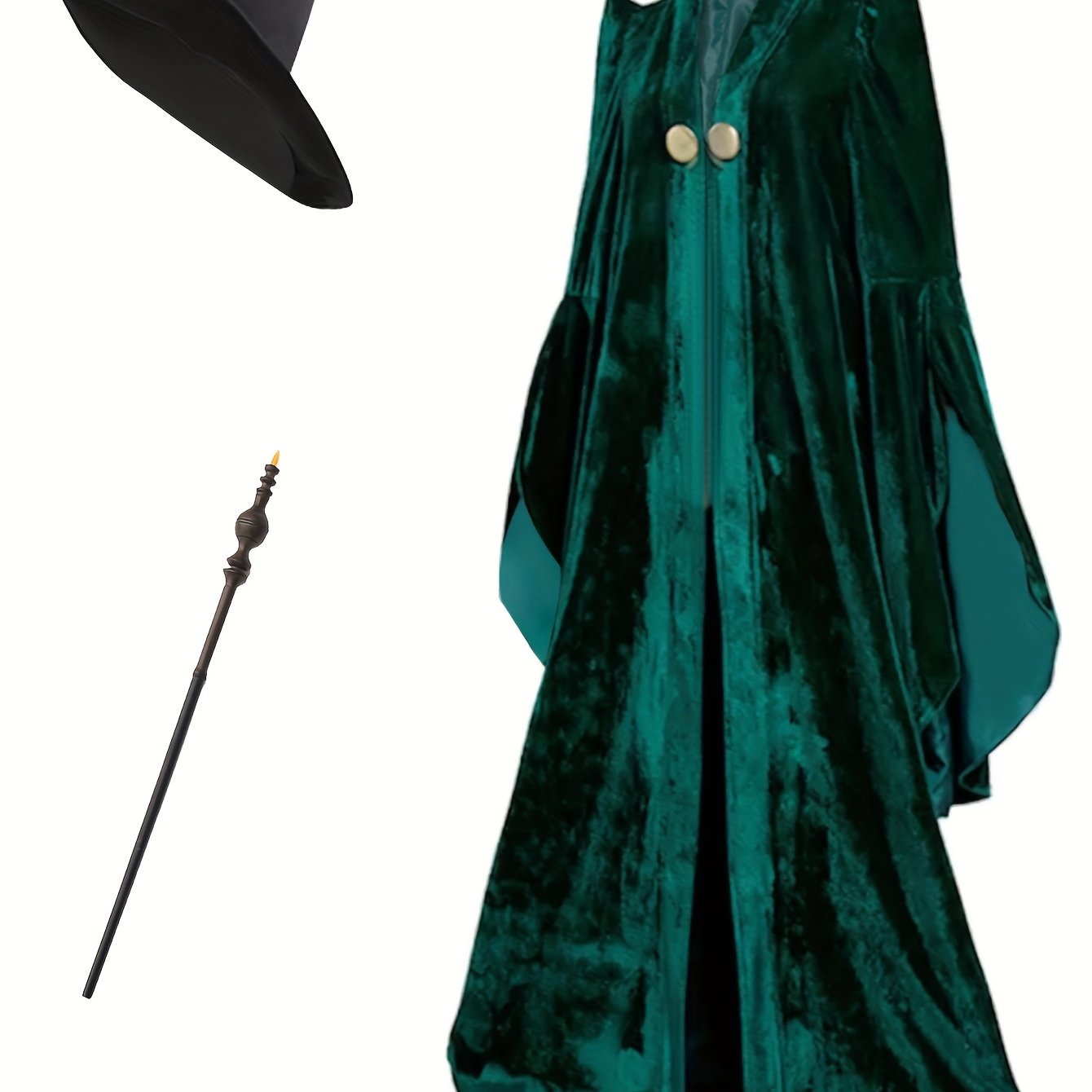 TEMU Vintage Costume Dress - Emerald Green Robe With Hood, Long Sleeves & Belted Waist, Elegant V-neck Design For Halloween, Cosplay, Stage Parties &