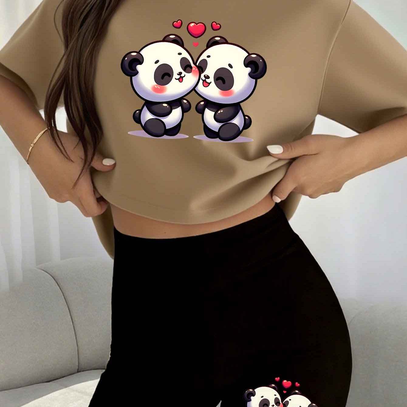 TEMU Women's T-shirt + Slim-fit Shorts Set, Popular Trendy Cartoon Print Design, Round Neck Short-sleeve T-shirt And Stretchy Elastic Waist Shorts,