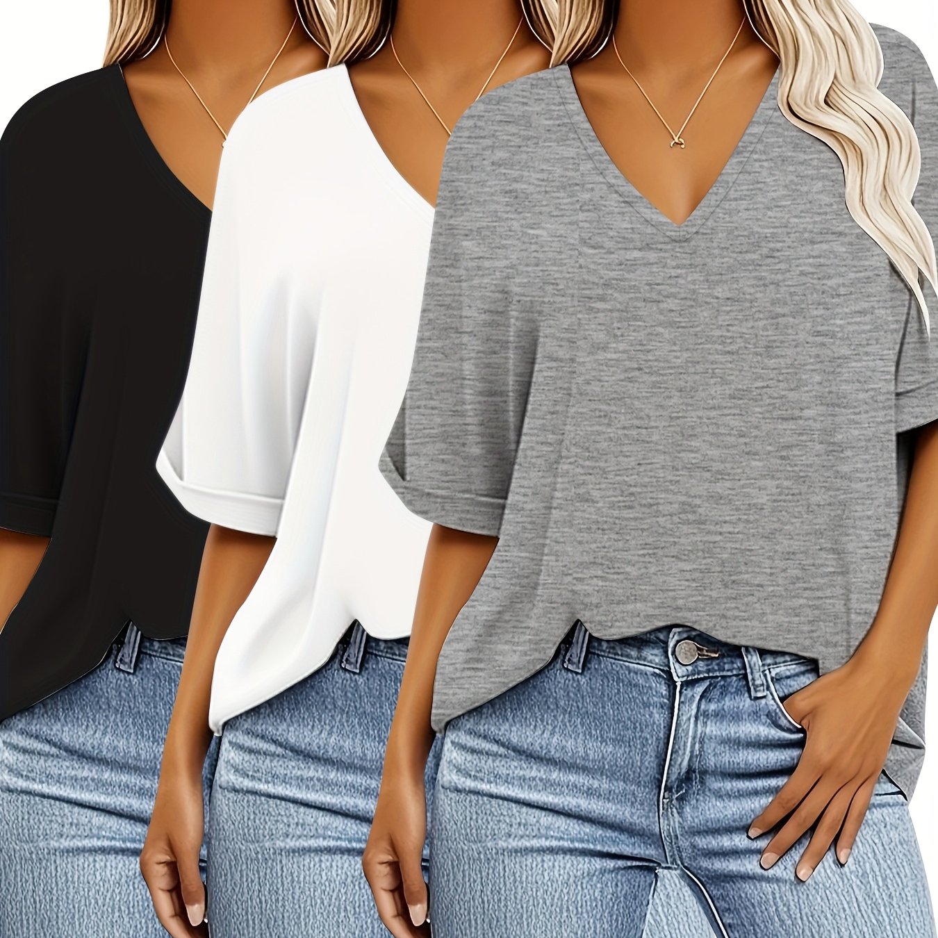 E-shop 3-teiliges Set und Grau Elegante Einfarbige Urlaubs-T-Shirt mit V-Ausschnitt Kurzarm Damen Oberteile – Lässiger Casual Shirt