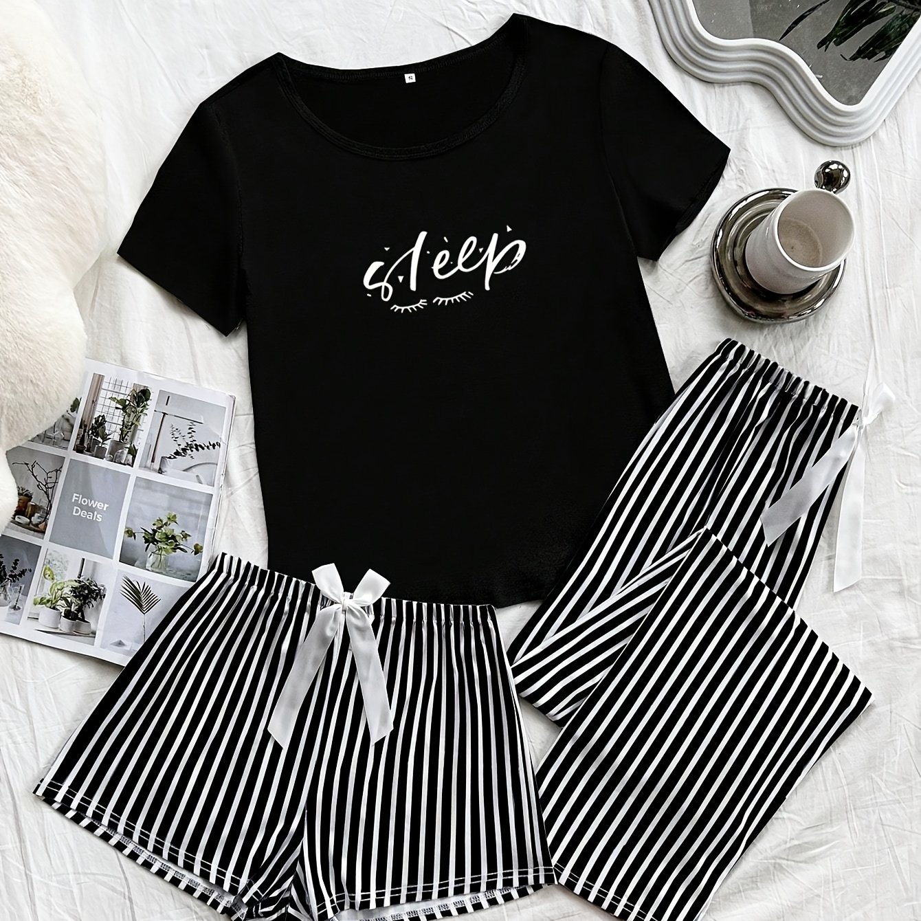 TEMU Women's 3pcs Pajama Set, Striped And Letter Printed Short Sleeve Pajamas, Shorts And - Bow Style, Suitable For Multiple