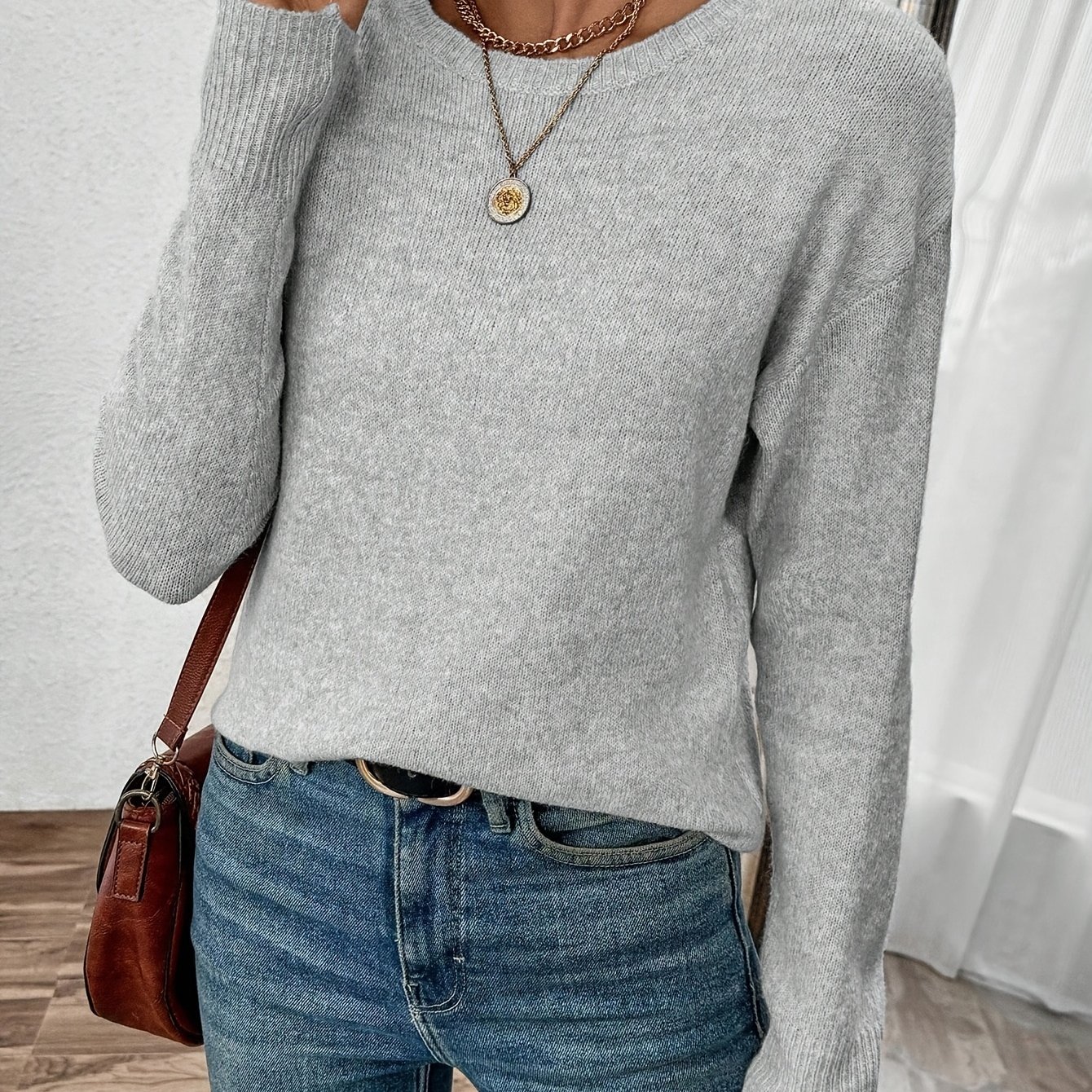 TEMU Women's Autumn Winter New Style Long Sleeve Sweater, Easy Solid , Round Neck , Off-shoulder Pullover, Suitable For Daily And Festive Wear