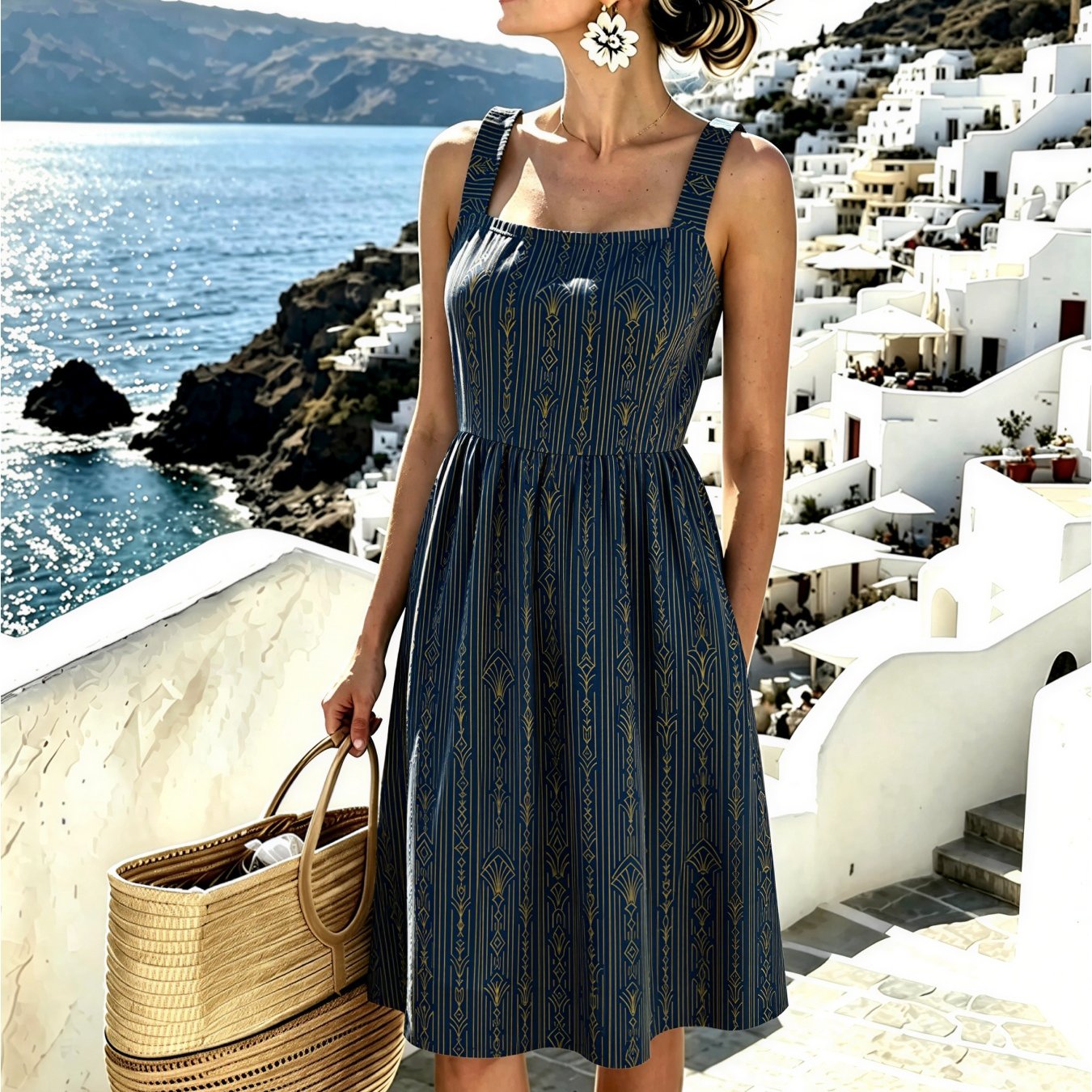 Women's Summer Square Neck Spaghetti Strap Off-shoulder Dress Waist-cinching A-line Midi Dress Fine Vertical Elegant Casual Machine Washable Suitable For Daily Wear Party Gatherings Perfect Gift