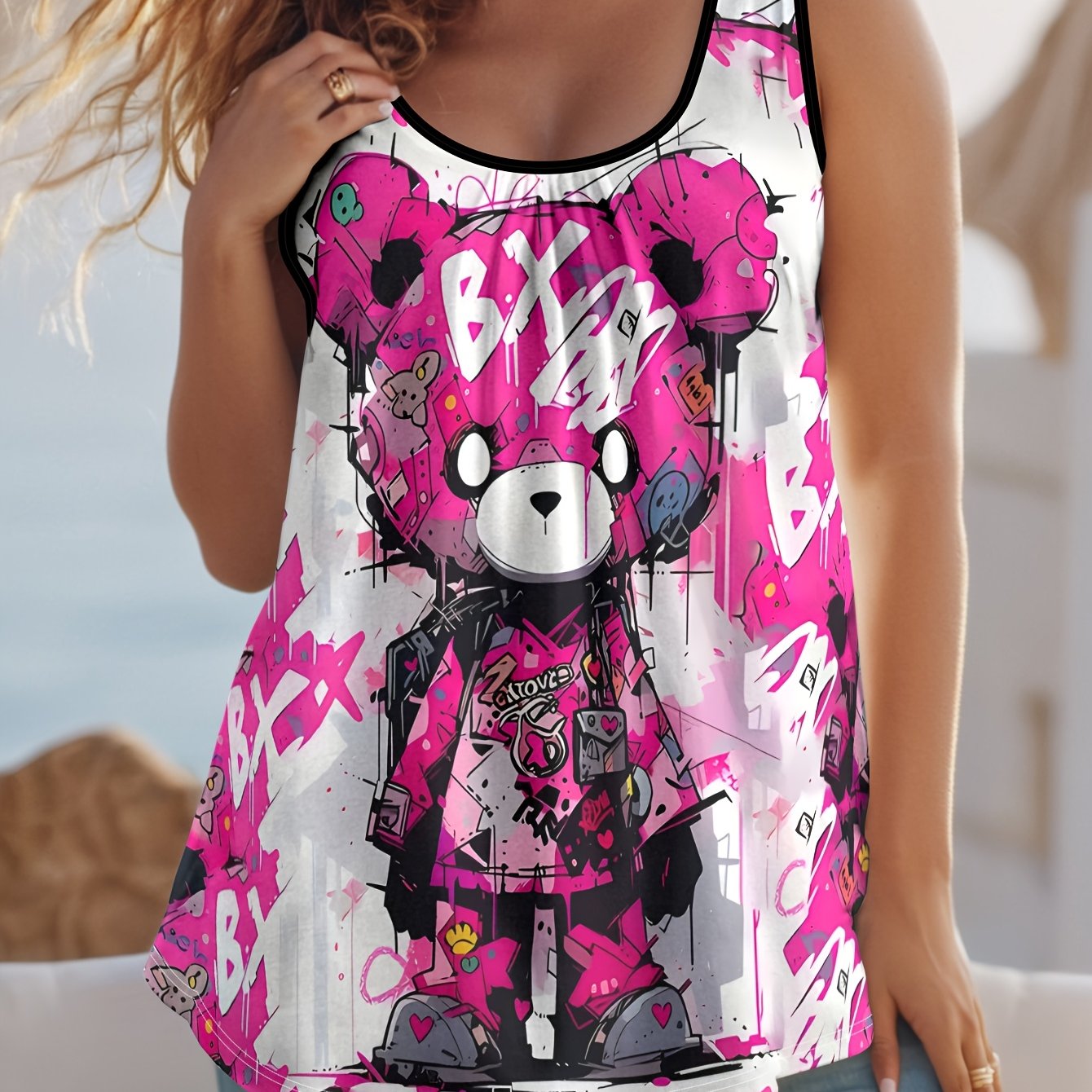 Plus Size, Comfortable Summer Casual Elegant Pink Series Painting Cartoon Bear Element Print Pattern Women's Plus Size Pleated Tank