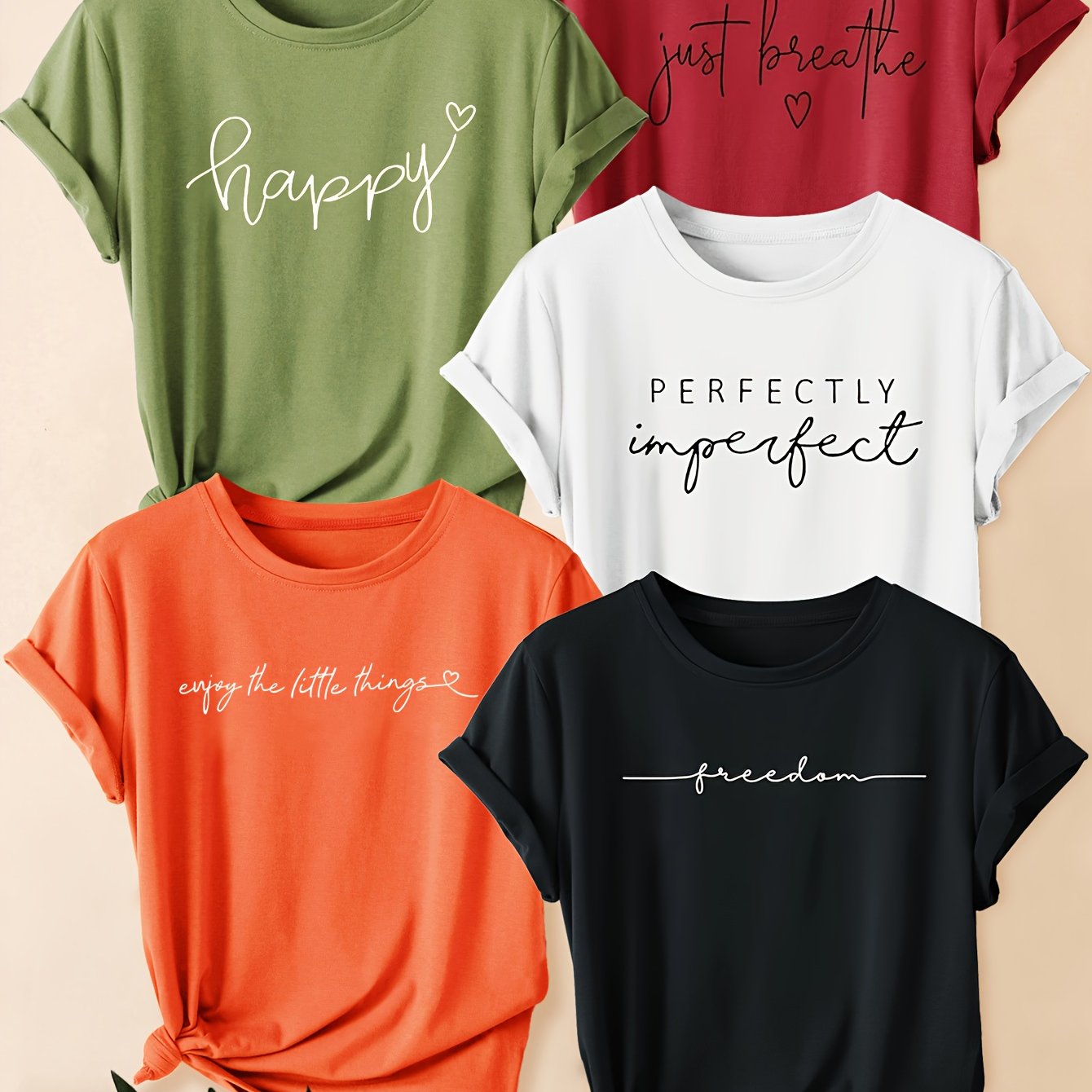 TEMU Five-pack Women's Minimalist Letter Print Short Sleeve Graphic Round Neck Casual Loose Fit Summer T-shirt, Fashionable Vacation Daily Versatile