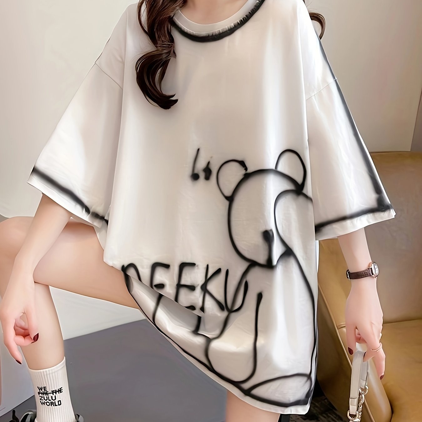 TEMU Summer New Large Size Loose Fashion Trend Slim Cartoon Round Neck Print Ladies Women's Medium And Long Short-sleeved T-shirt Clothes