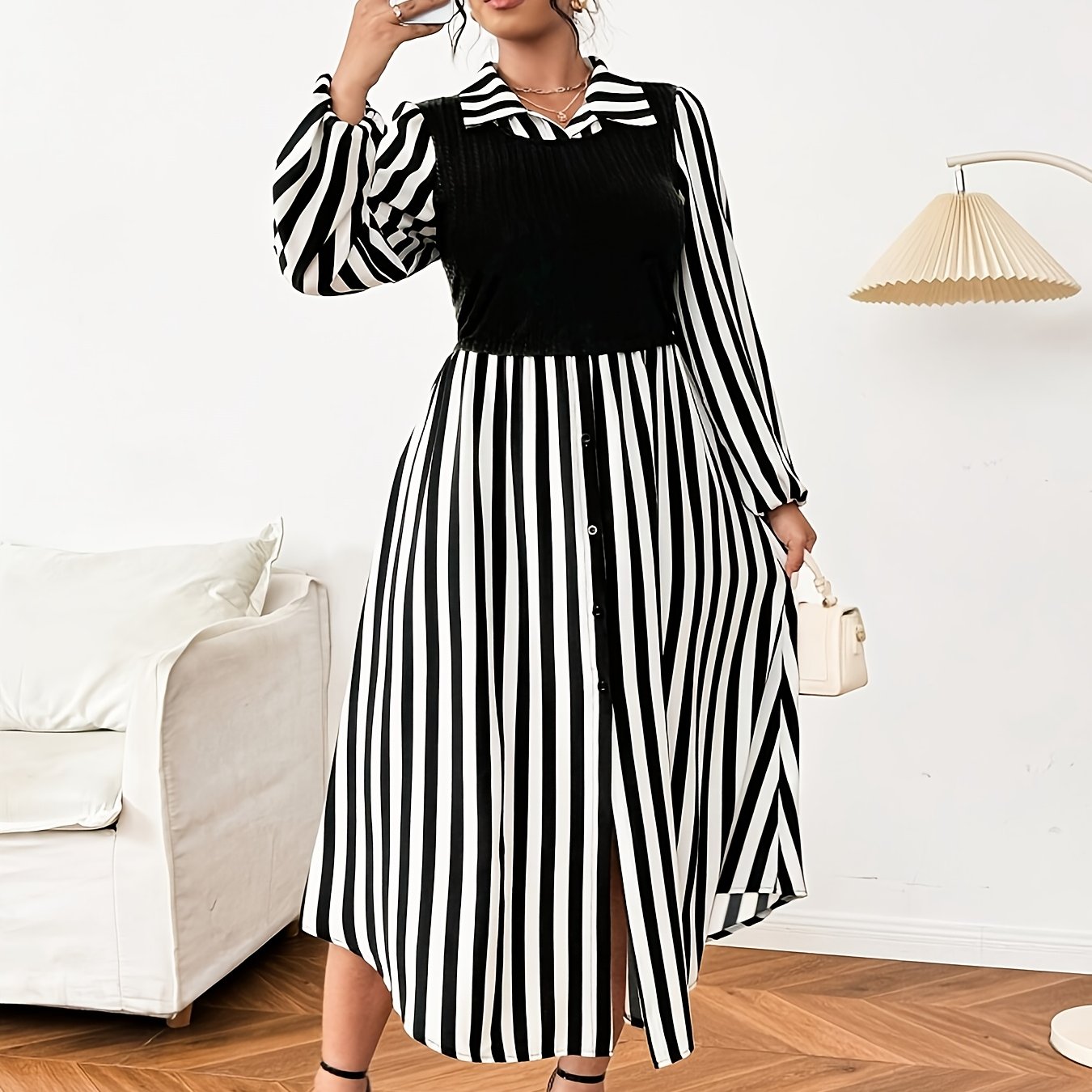 TEMU Plus Size - Plus Size - Plus Size Striped Black And White Women's Dress