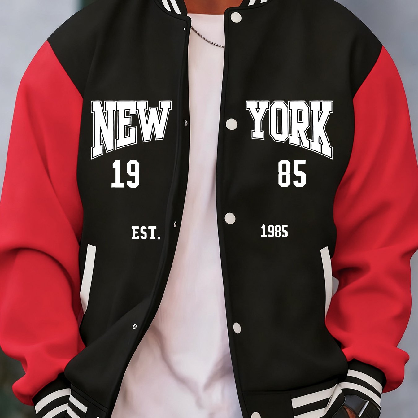 TEMU Spring Autumn Winter Men's Casual Fleece Warm Baseball Jacket, ", 1985" Letter Print Regular Fit Contrast Striped Stand Collar Pocket