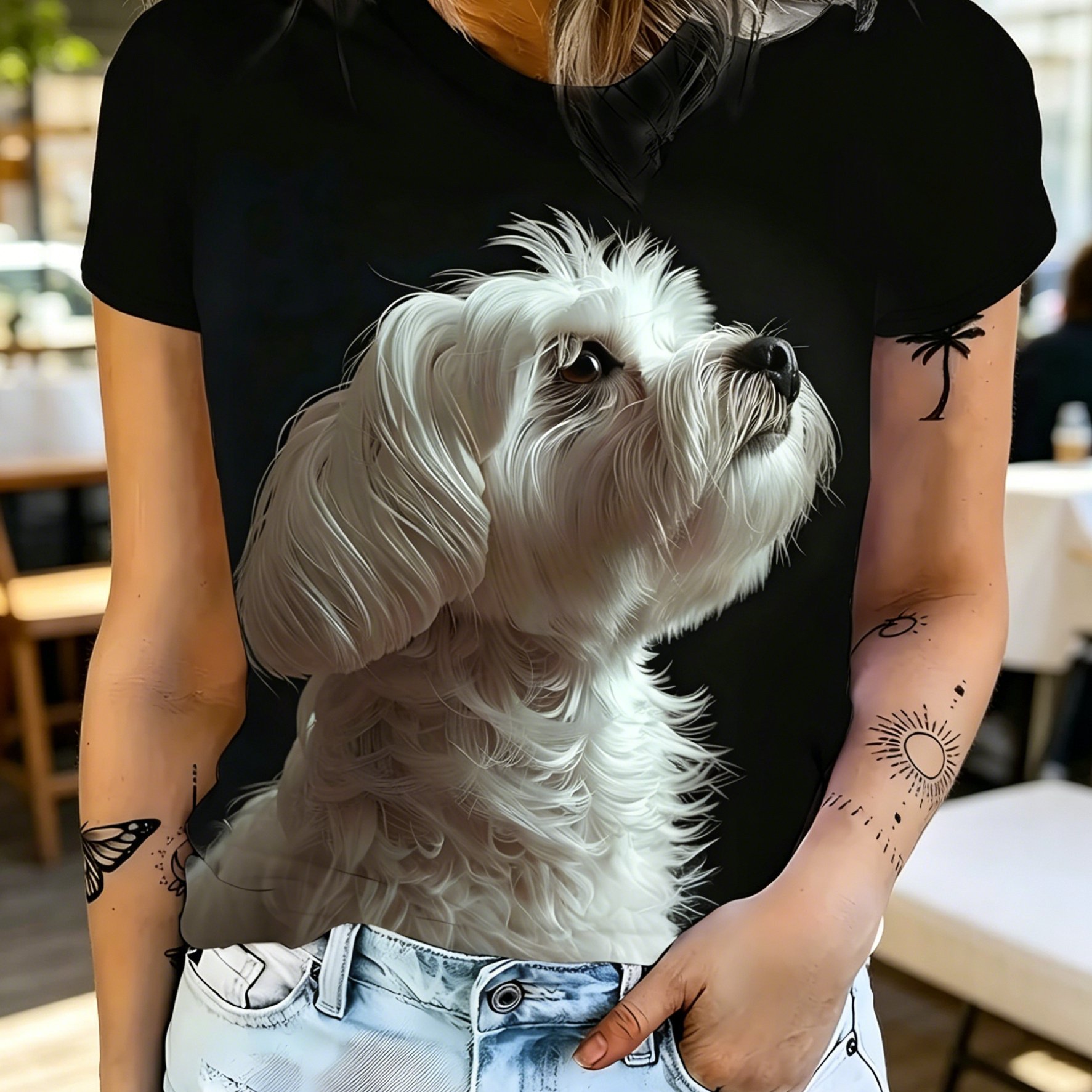 TEMU Women's And Cute Maltese Dog Print Crew Neck T-shirt, Black With White Long-haired Dog Hd Photo Element, , Gentle Age-reducing Atmosphere,