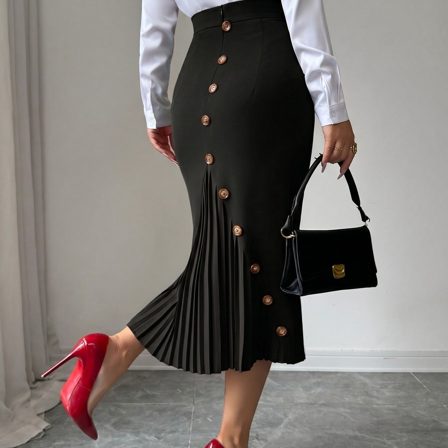 TEMU Elegant Pleated Skirt With Button Detailing - -line Swing Skirt Suitable For,, Wedding Attire | Solid Color Button Closure Skirt For Spring