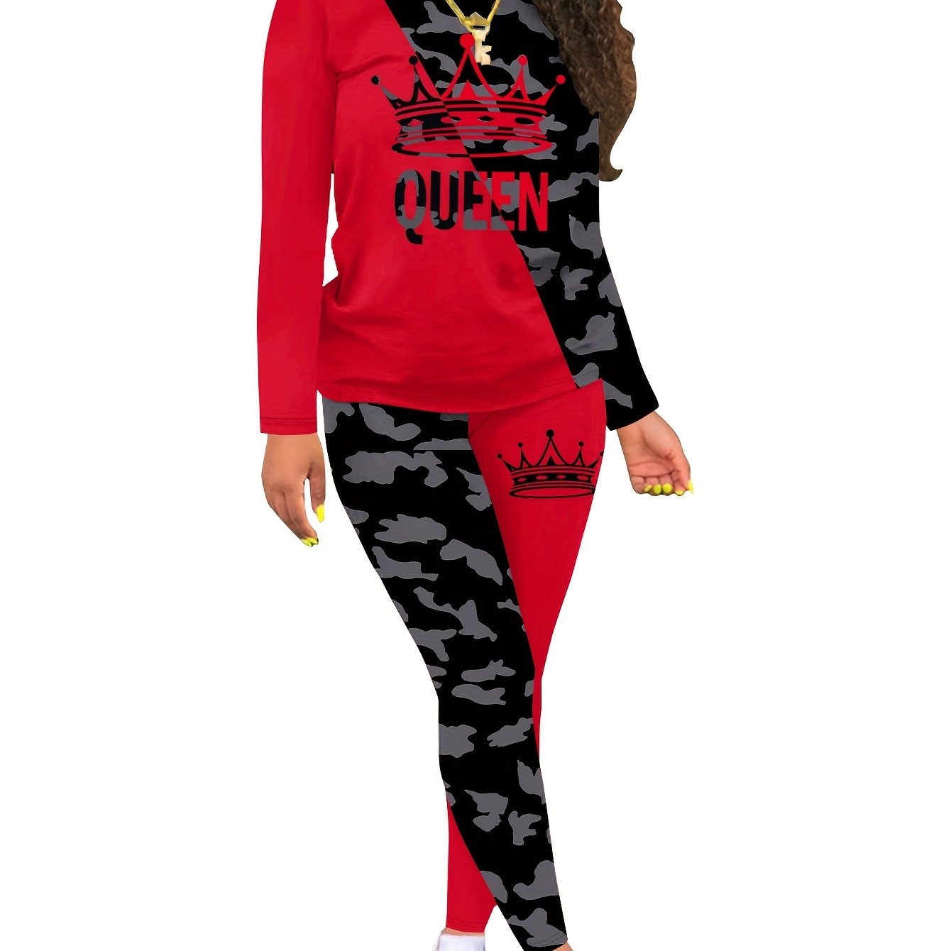 Round Neck Long Sleeve Two-piece Set Women's Print Stretch Pants And Pants Set