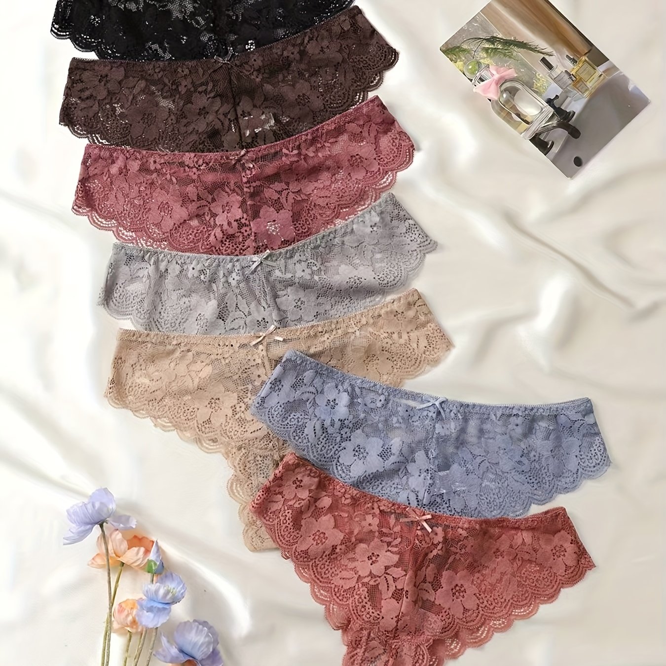 Spring And Summer New 7pcs Jacquard Contrast Lace Comfortable Breathable Thong Set