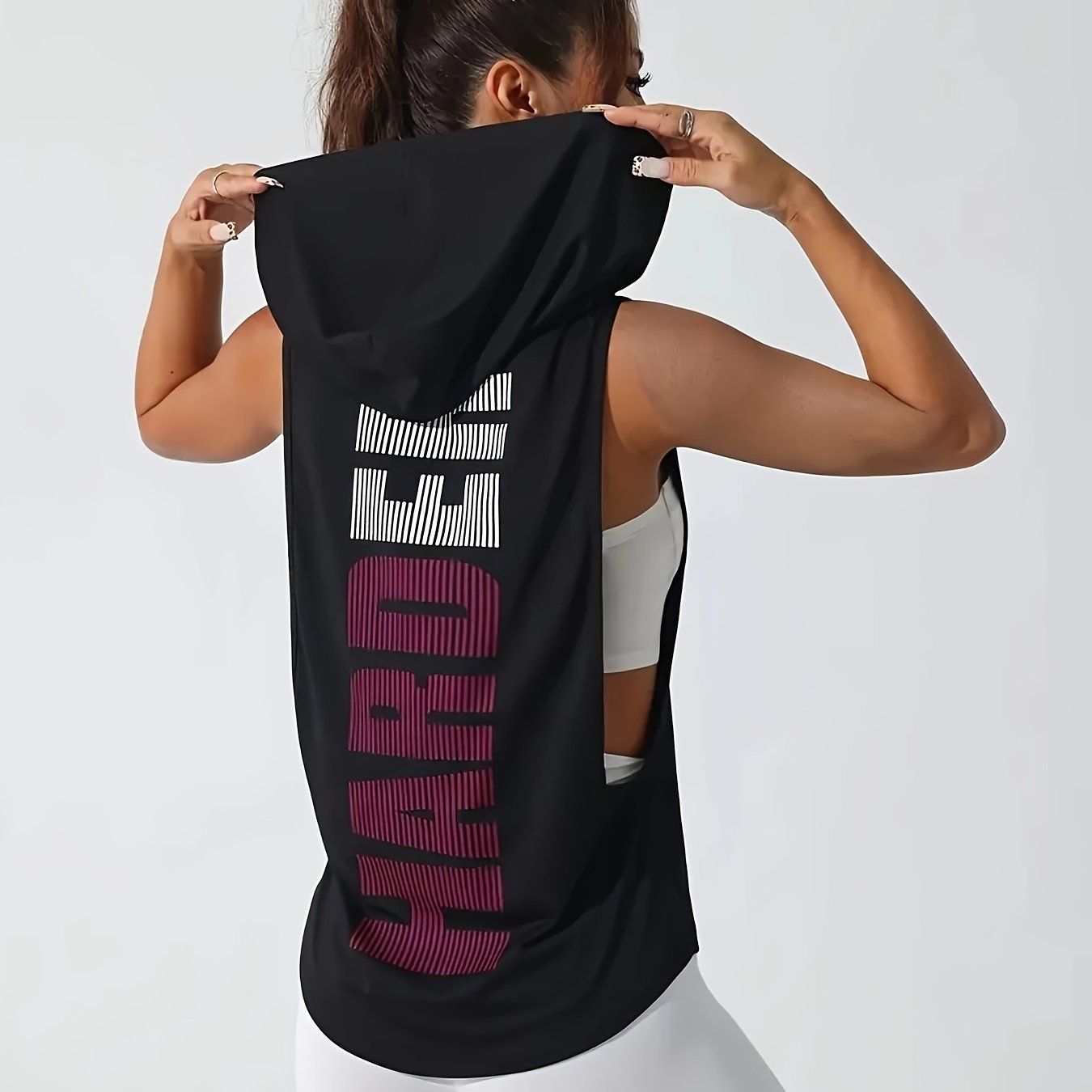 Image of Women' Print Hooded Tank Top - Sleeveless, Stretchy Polyester, Machine Washable, Casual Sporty Design With "hard" Graphic, Spring/summer Workouts