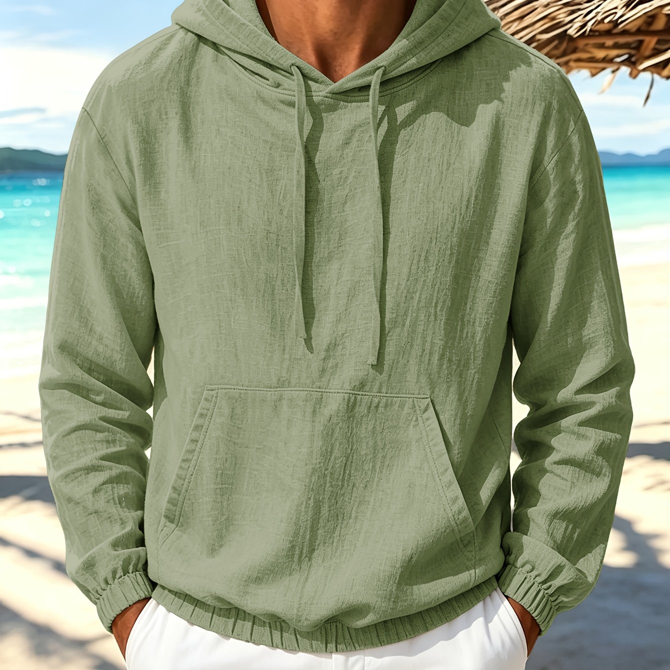 TEMU Men's /autumn Lightweight Solid Color Linen Hooded Casual Sportswear Top, Thin, Comfortable, Simple, , Versatile For Daily Wear, Fitness, Trendy
