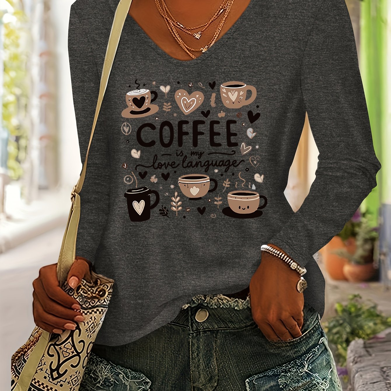 TEMU Coffee Language Print Women's Autumn/winter Casual Fashion Soft Comfortable V-neck Long Sleeve T-shirt