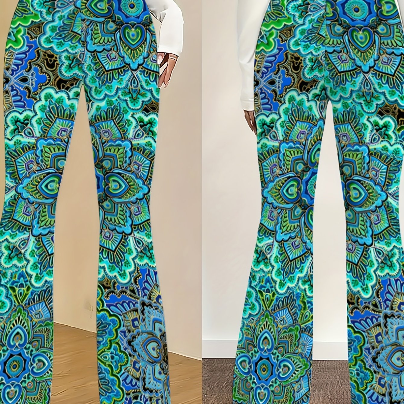 TEMU New Style - Women's Trendy Personalized Flared Pants, Fitted Design That The Figure, Full Of ! Featuring Abstract Prints, Stretchy And Durable