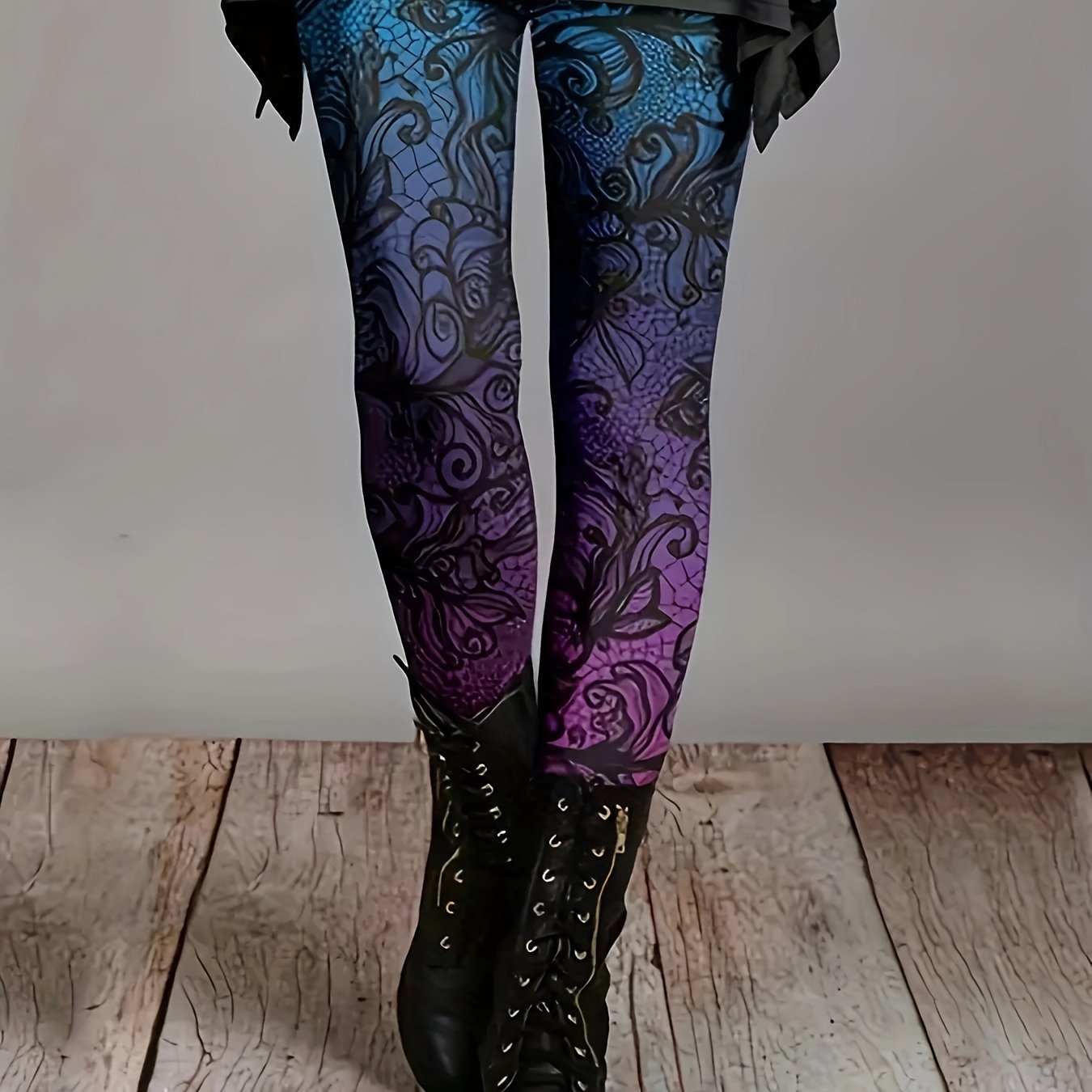 Plus Size Vintage Floral Print High Waist Leggings, Casual Skinny Tight Leggings For Daily Wear, Women's Plus Size Clothing