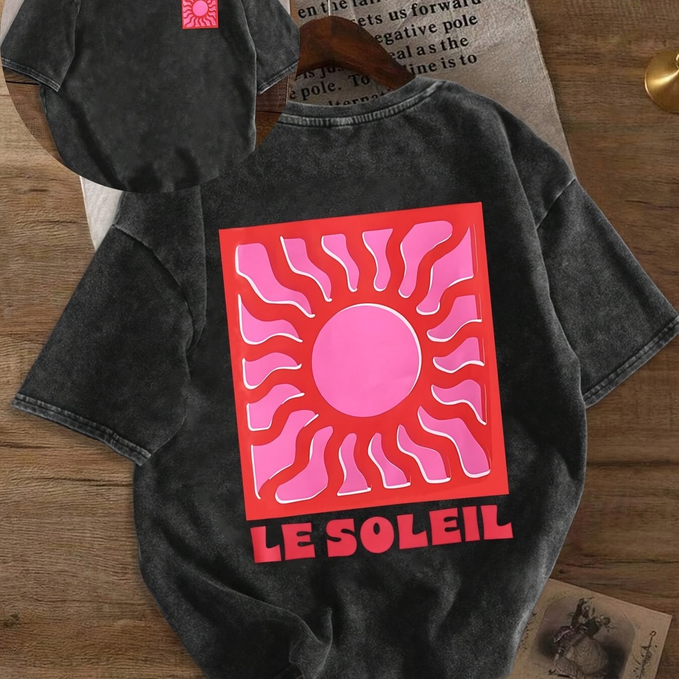 Image of Women's Summer Sun Graphic Print Round Neck Short Sleeve Retro Casual Daily Washed T-shirt Top
