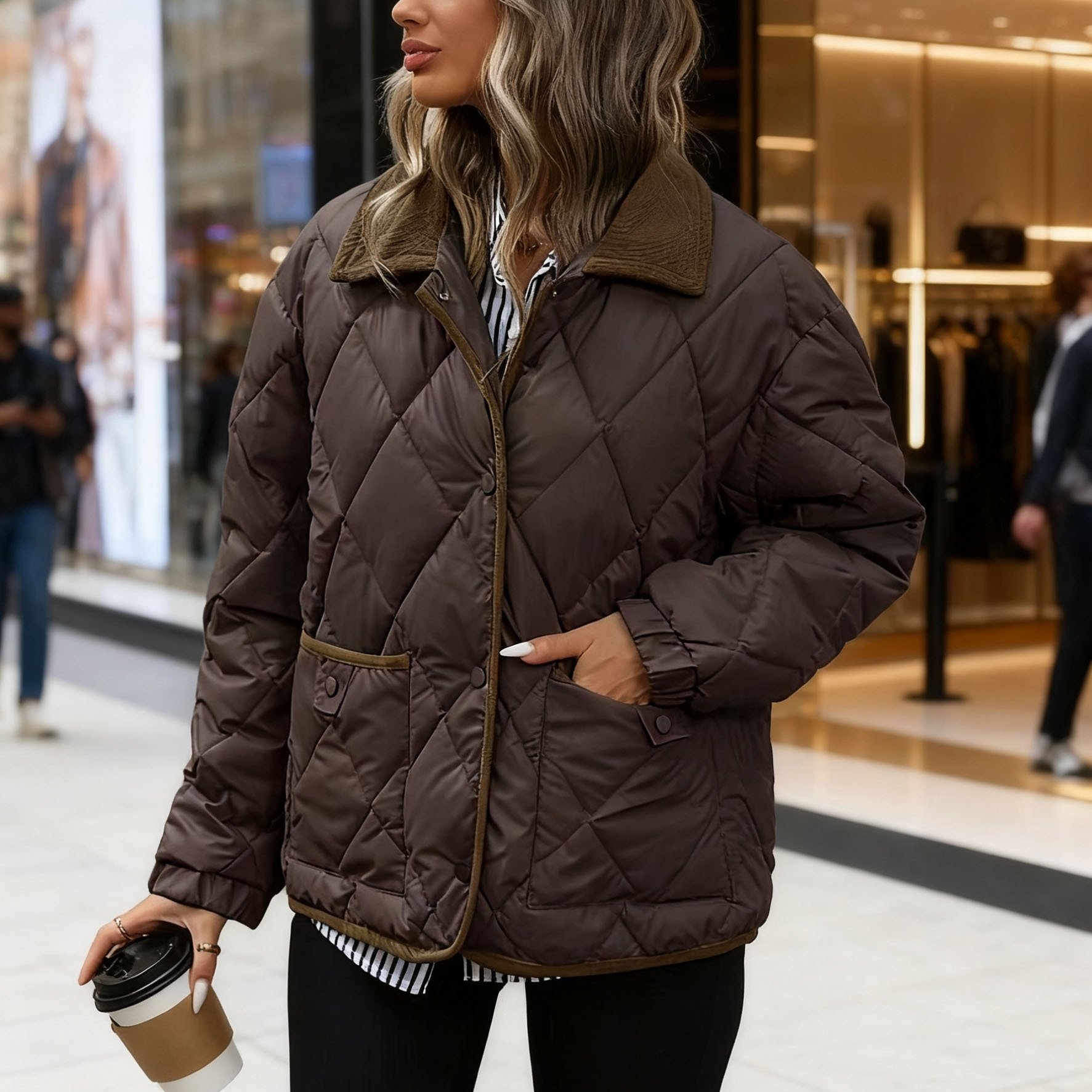 Diamond Quilted Puffer Jacket Women's Winter New Short Loose Thick Warm Contrast Coat