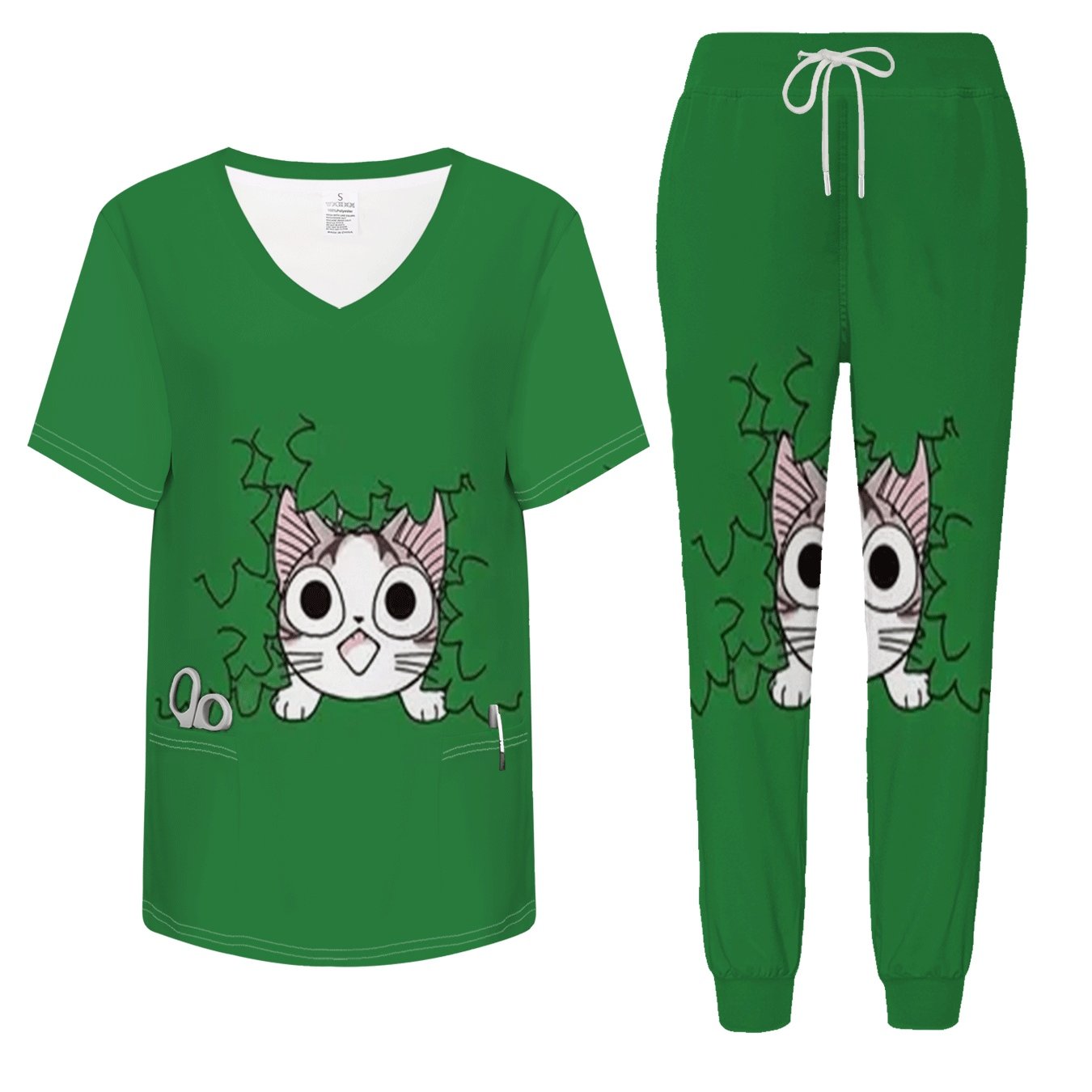 TEMU Printed V-neck Matte 2pcs Set With Pockets, Elegant Short-sleeve Patch Uniform