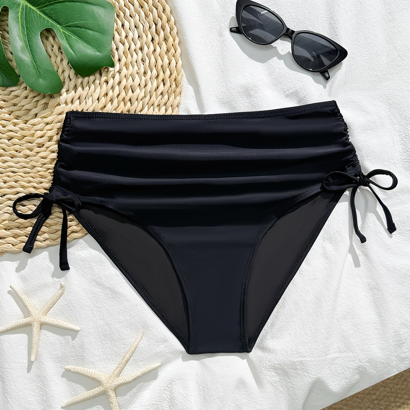 E-shop Damen Schwarze Vielseitige Badehose mit Plissee-Design, Verstellbare Bikinihose mit Kordelzug und hohem Bund