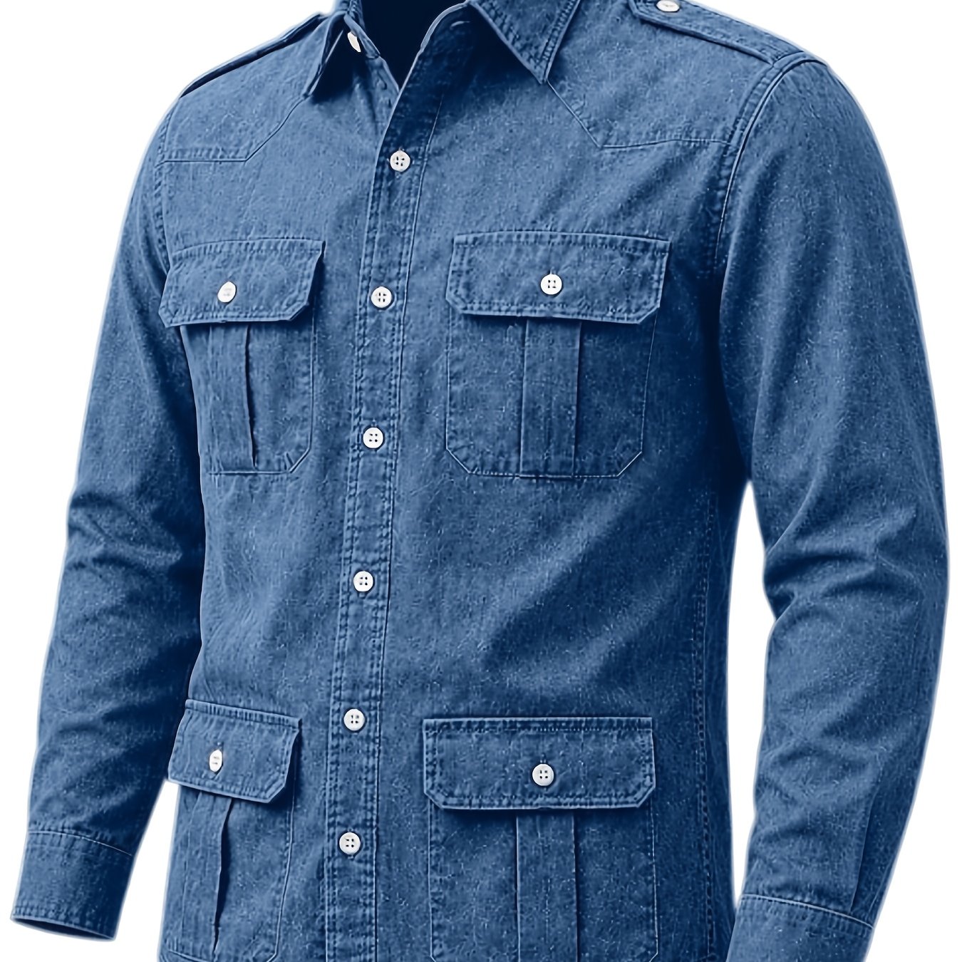 Image of Men's Multi-pocket Cargo Washed Denim Long Sleeve Shirt, Lapel Button-up Work Shirt With Shoulder Epaulets, Vintage Casual Outdoor Top