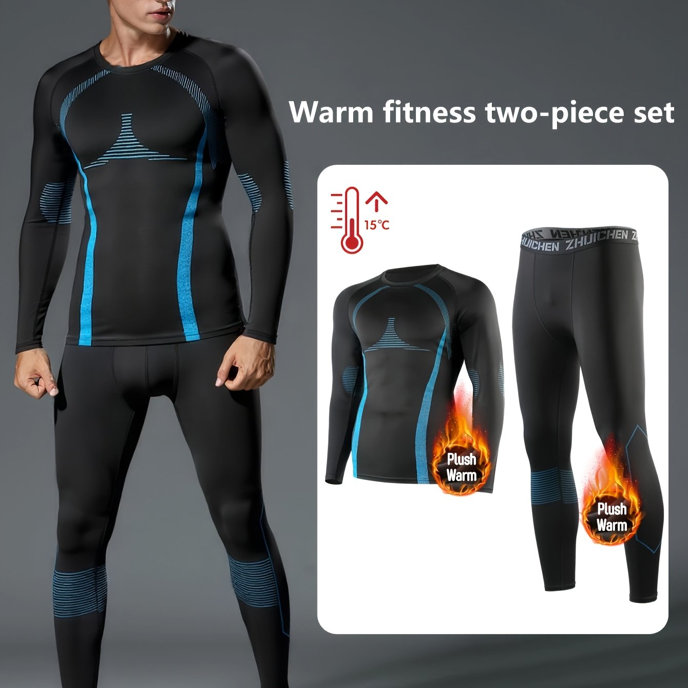 TEMU Autumn Winter Fleece Ski Suit Base Layer Sports Set Two-piece Men's Running Gym Clothes Autumn Winter Warm Fleece Tight Equipment Ski Training