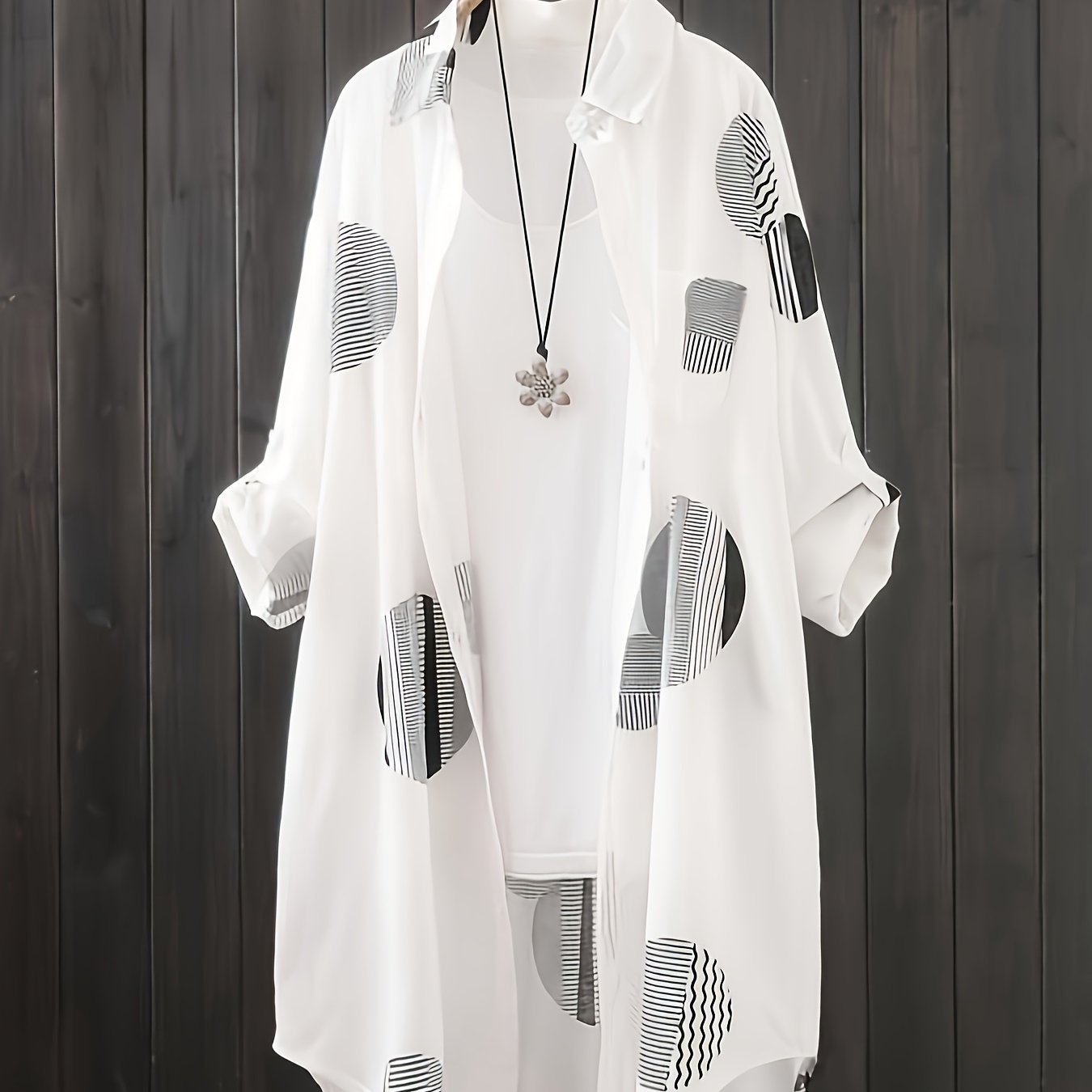 Image of Plus Size - Plus Size - Plus Size Women's Thin Mid-length Cardigan Outfit Casual Women's Blouse Loose Style Autumn Top 2024 Winter Long Sleeve Shirt
