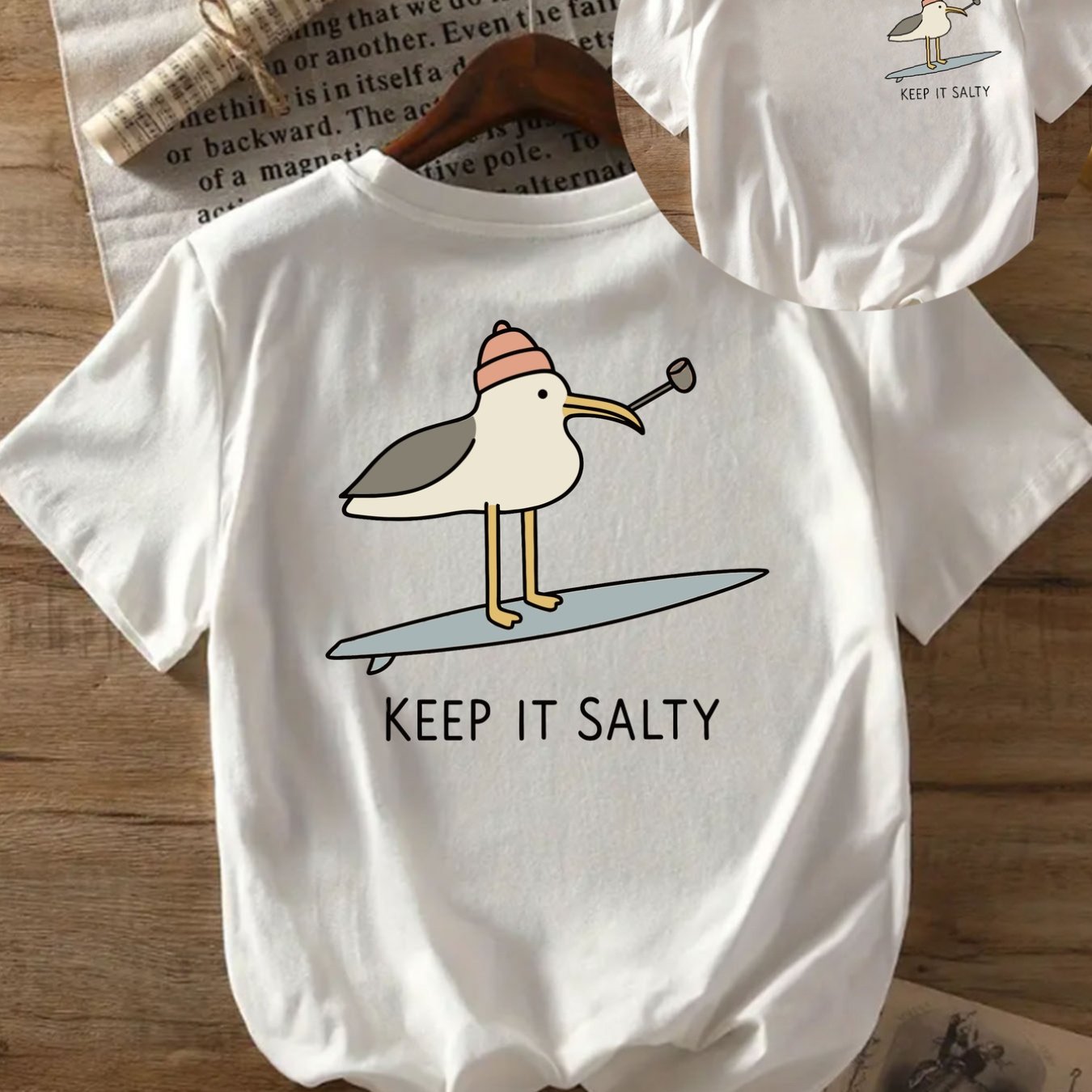 TEMU Women's Casual " Salty" Seagull & Surfboard Graphic T-shirt - Short Sleeve, Round Neck, Lightweight & Comfortable, Summer Beachwear, Beachwear