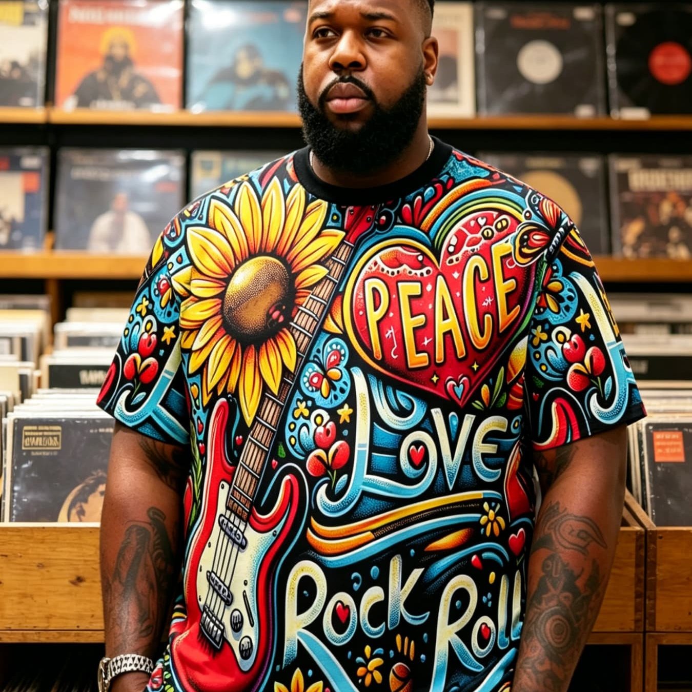 TEMU This Oversized Men's Short-sleeve T-shirt Features A Vintage Hippie Style With A Color- Graffiti Base, Complemented By A Sunflower Electric