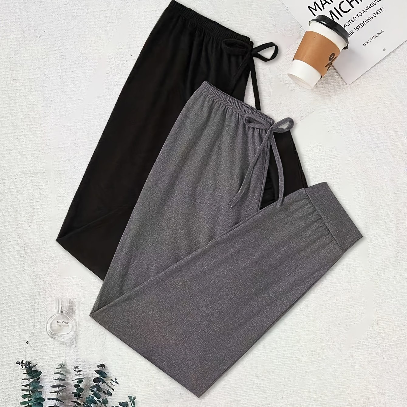 TEMU 2pcs Women's Casual Drawstring Waist Pants, Drawstring Design, New Simple Two-color Set, Clothing For , Loose-fit Solid Pants, For Casual