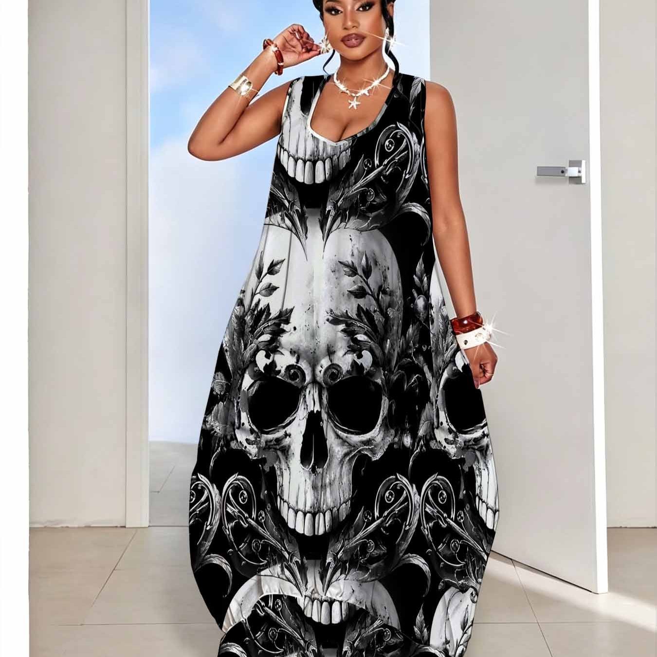 Image of Plus Size Skull Leaves Print Dress, Women's Sleeveless Off-shoulder Loose Long Dress With Hem, Loose Fit, Monochrome, Elegant Gothic Punk Style Dress