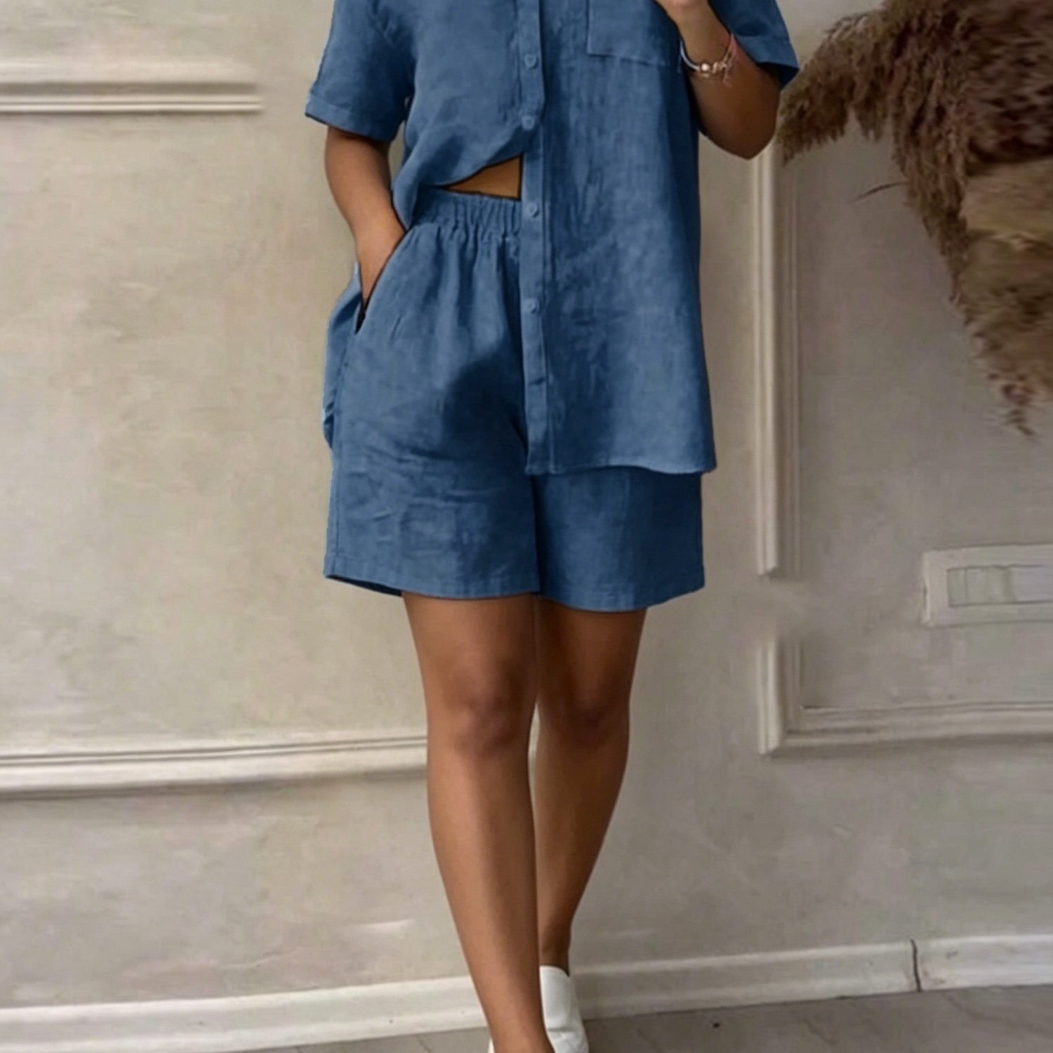 TEMU Summer Women's Fashion Casual Short Sleeve Button-up Shirt And Casual Shorts Set