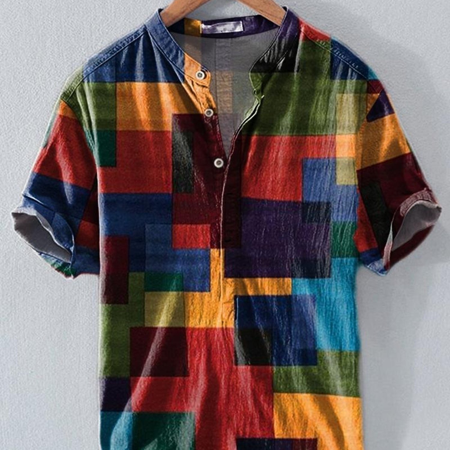 Image of Men's Fashion Shirt, Colorful Abstract Geometric Pattern, Collar, Three-button , Rolled-up Cuffs, Mixed Color, Multiple Specifications , Casual Daily Wear