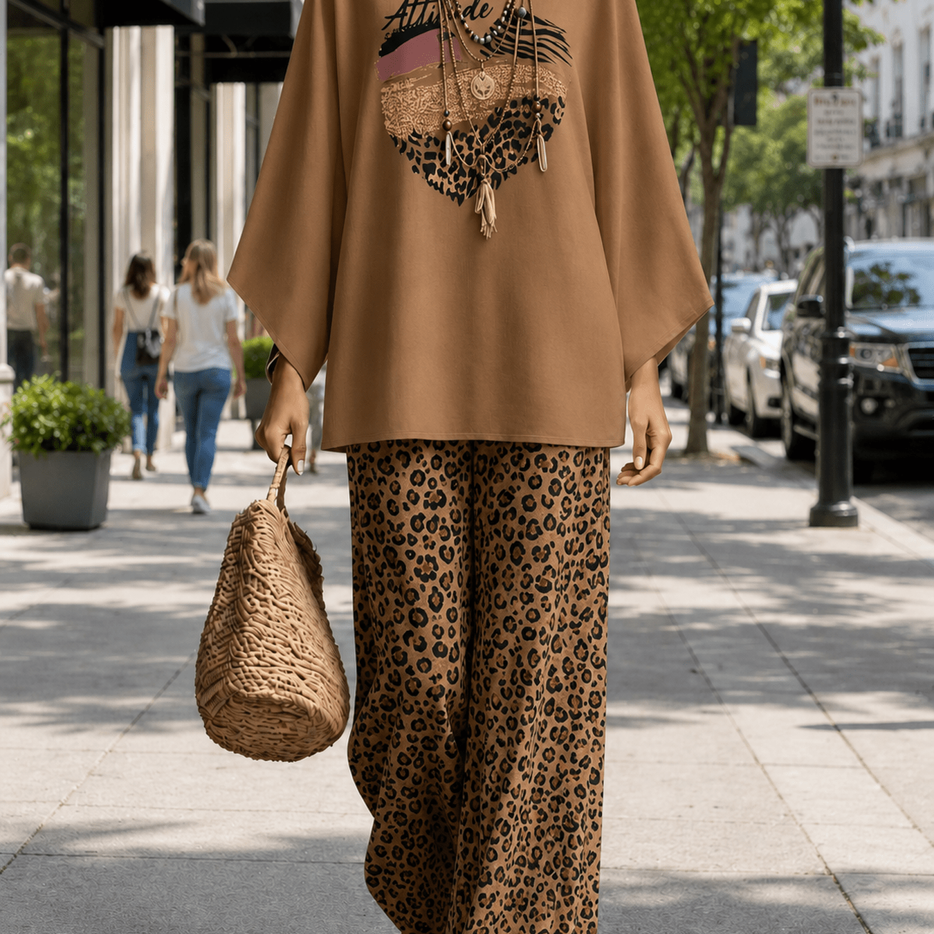 Image of Women's Loose Round Neck Top Long Batwing Sleeve Plus Size Two-piece Set Leopard Print Elastic Waist Relaxed Pants Beach Travel Casual Lounge Outfit