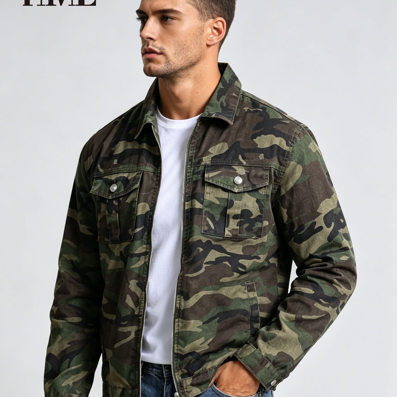 TEMU Hme Men's Trendy Army Green Camo Workwear Denim Jacket, 3d For All Body Shapes, Figure-flattering& Stylish, Breathable Wear-resistant