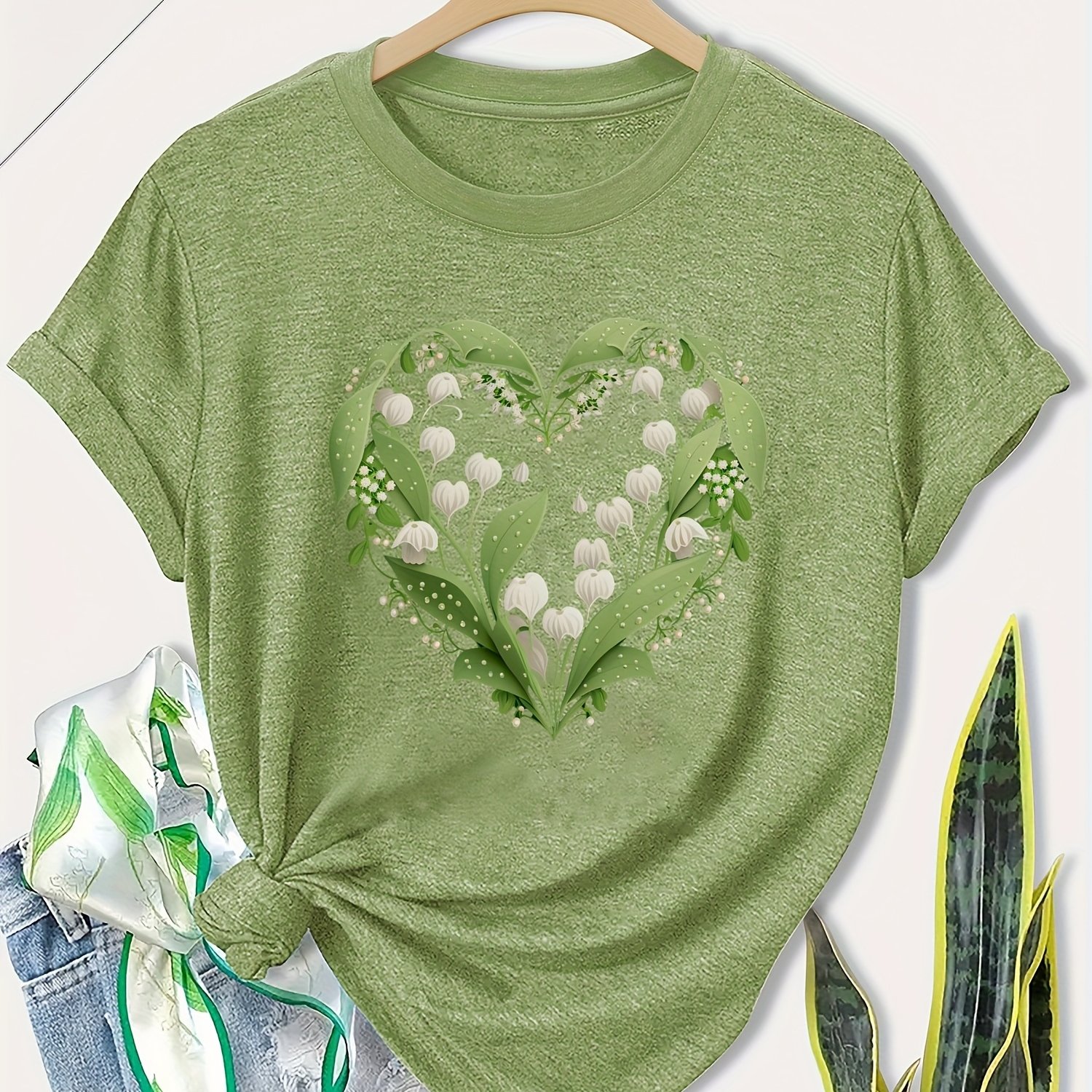 TEMU Plus Size - Plus Size - Plus Size Women's Floral Print T-shirt - Olive Of The Valley Heart Pattern, Soft Breathable Fabric Round Neck , Spring