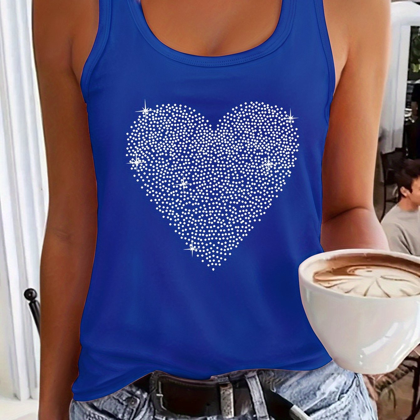TEMU Stilvolles Damen-Tanktop mit Herzdruck - Leichtes Polyesterstoff, Perfekt für Freizeitkleidung, Farbenfrohes Oranges Sommerweste mit Weiß