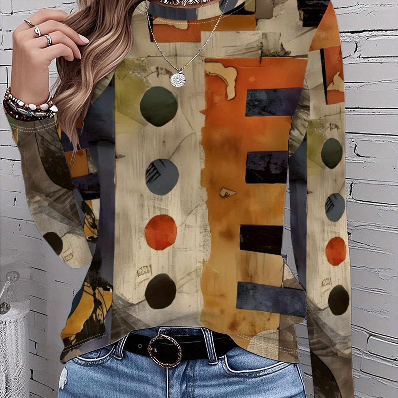 TEMU [Portez sur votre corps !] T-shirt à manches longues et col rond avec impression d'art pour femmes, haut polyvalent haut de gamme et élégant,