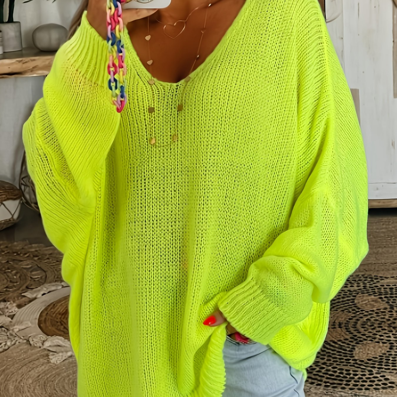 E-shop Plus Size, Damen Pullover mit V-Ausschnitt in Unifarben, Langarm